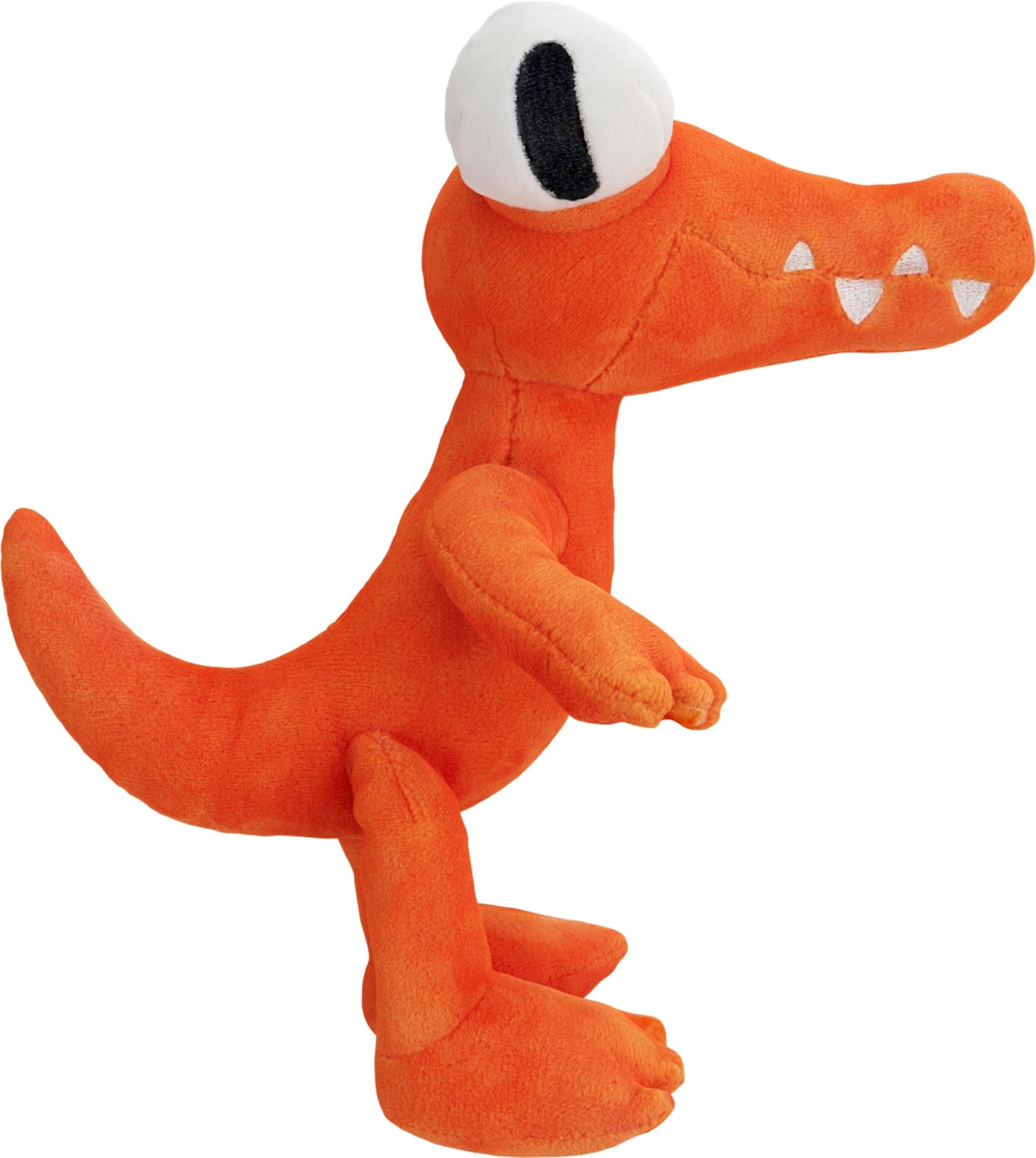 Orange Plüschfigur eines Monsters mit einem Auge, weißen Zähnen und Schwanz.