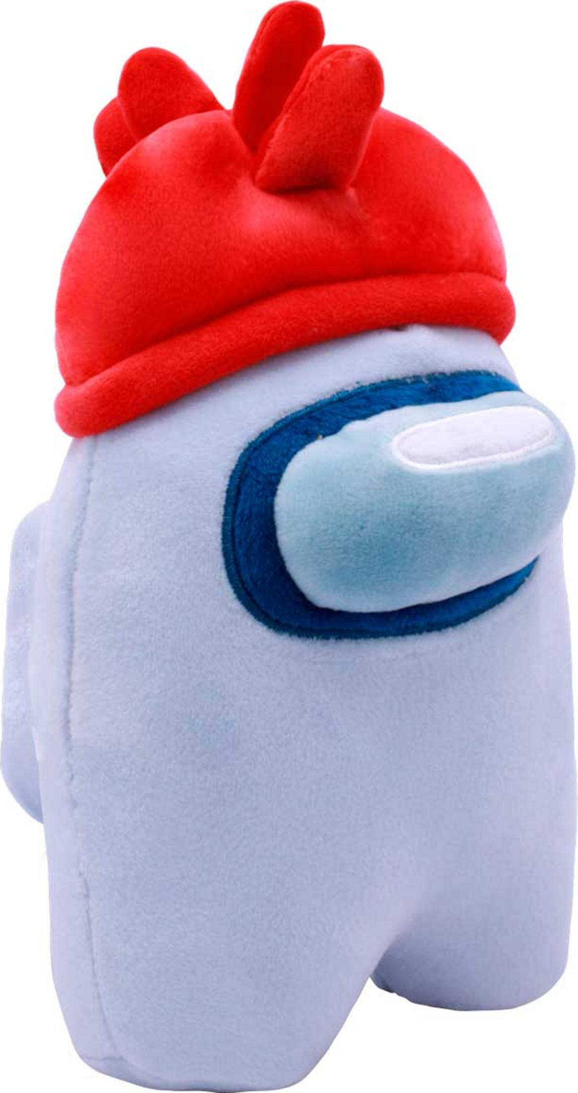 Ein hellblauer Plüschcharakter mit roter Mütze und blauem Visier.
