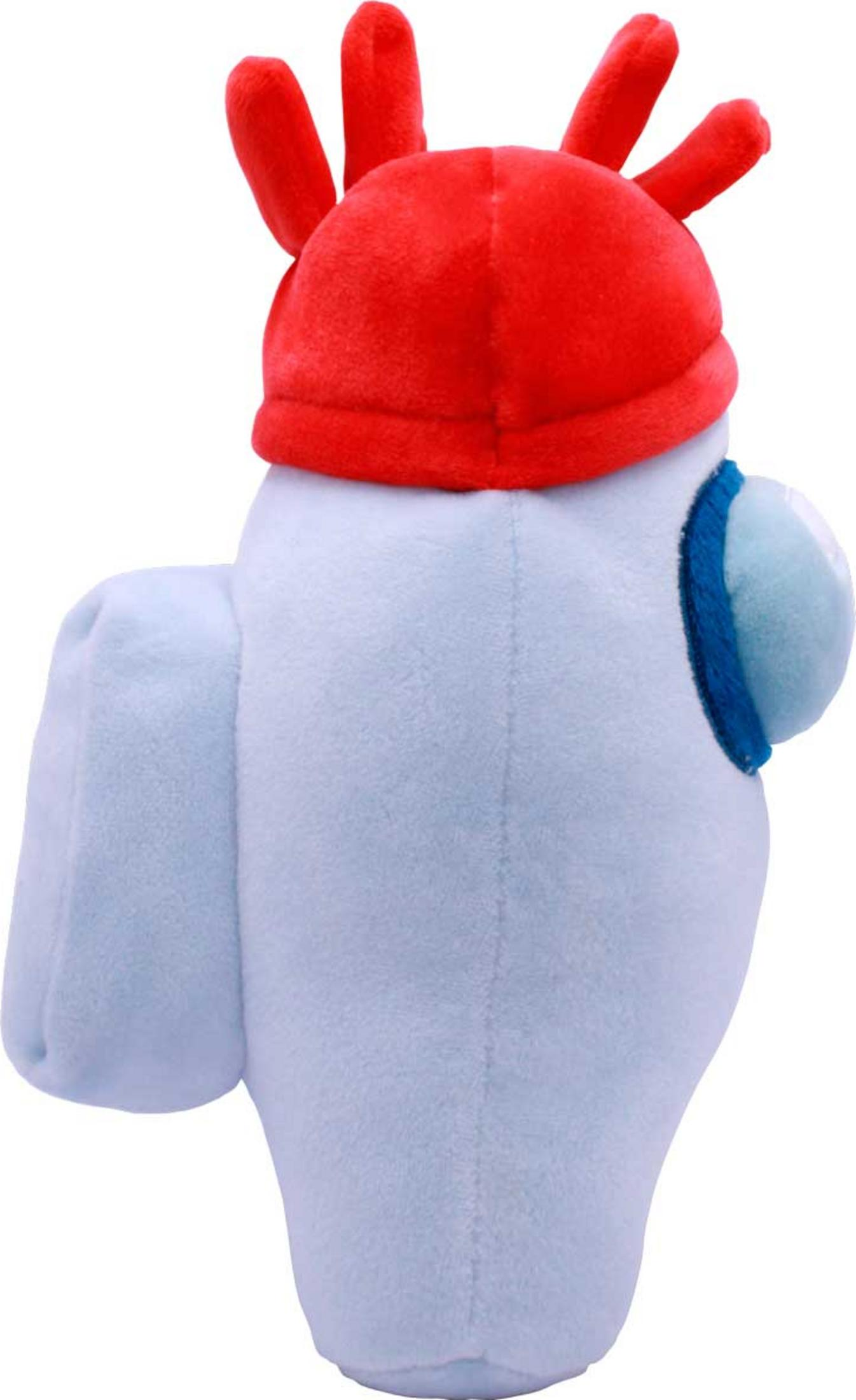 Ein hellblauer Plüschcharakter mit rotem Hut und blauen Augen.