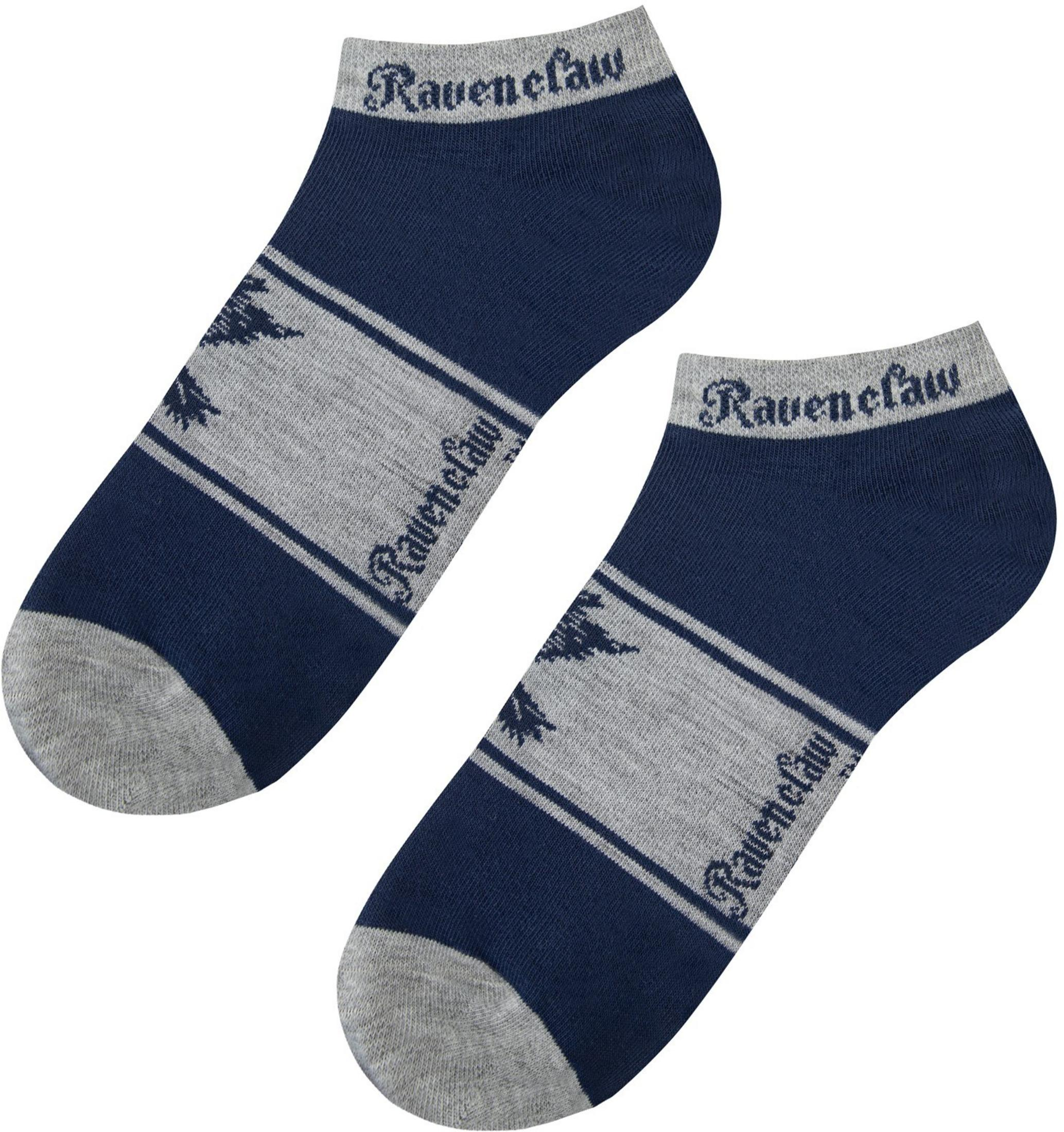 Zwei dunkelblaue Socken mit grauen Streifen und dem Ravenclaw-Logo.