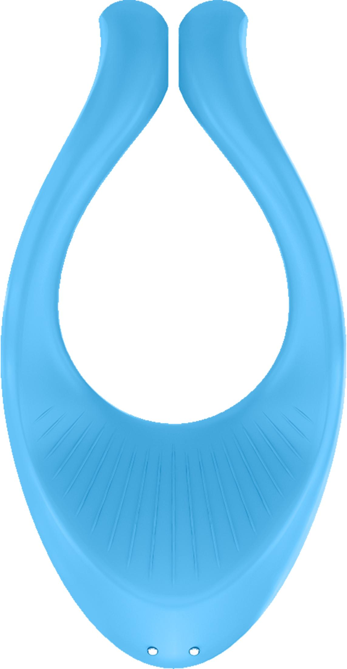 Jasnoniebieski przedmiot w kształcie łzy z prążkowanym spodem i dwoma małymi otworami.