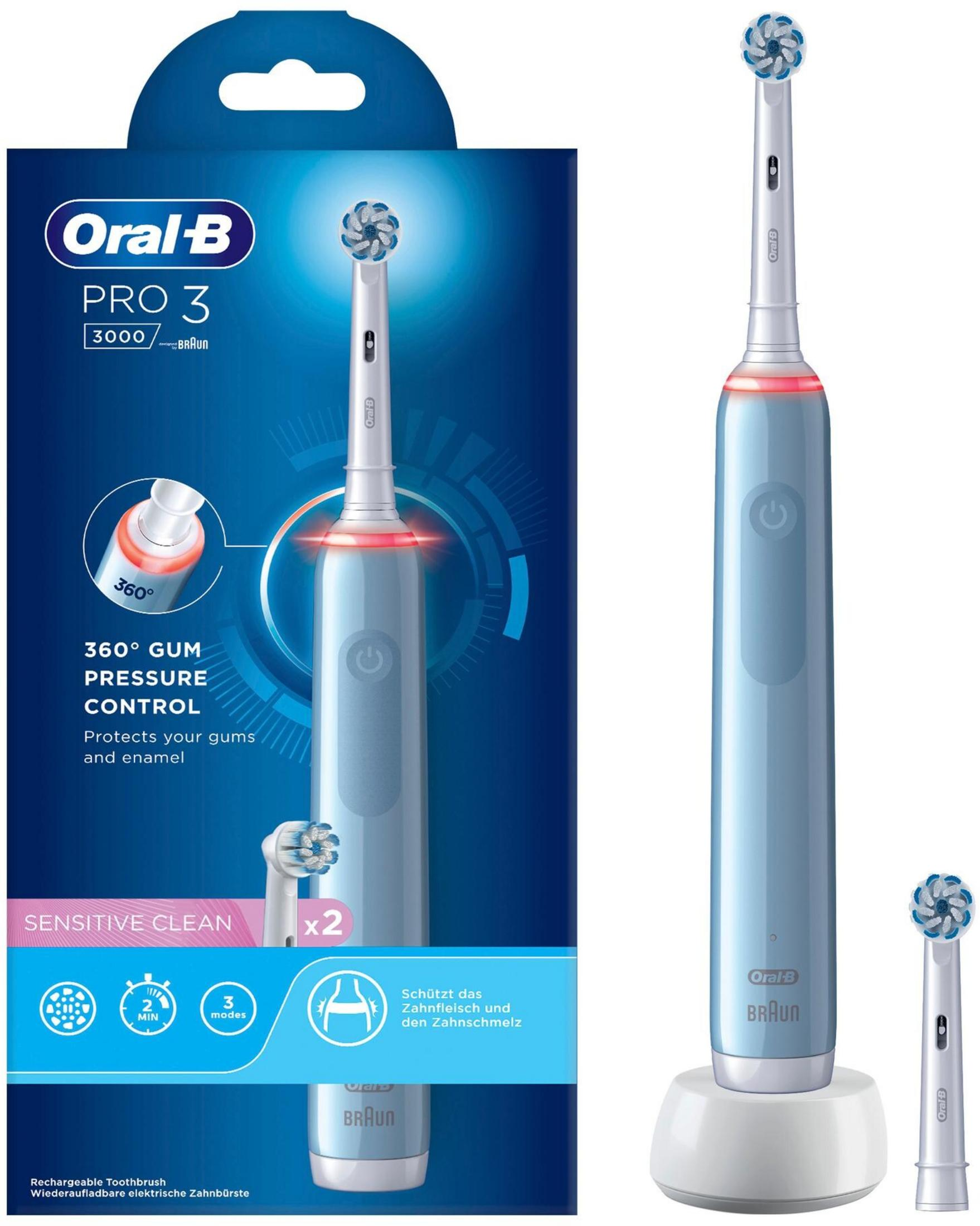 Cepillo de dientes eléctrico Oral-B Pro 3 con control de presión 360° y dos cabezales.