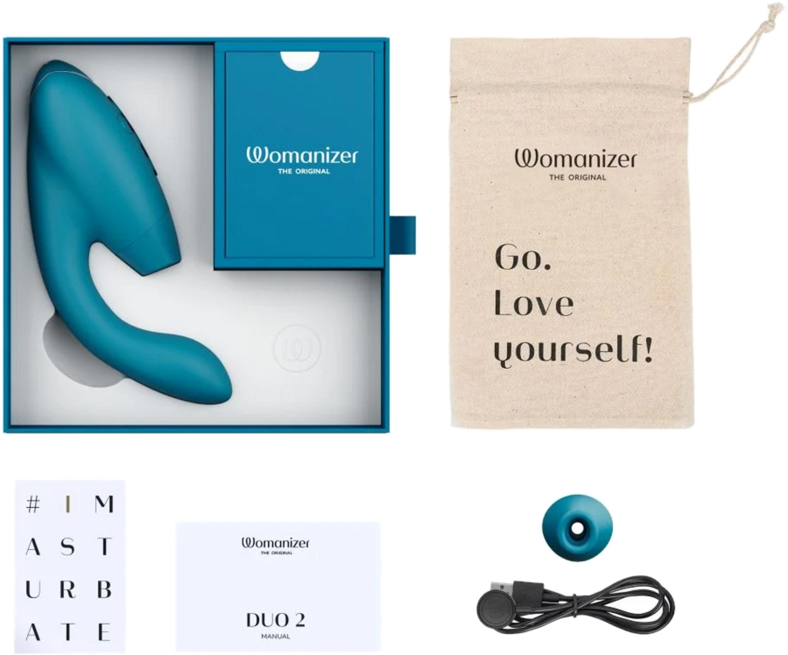 Ein türkisfarbener Vibrator im Paket mit einer Stofftasche und Zubehör.