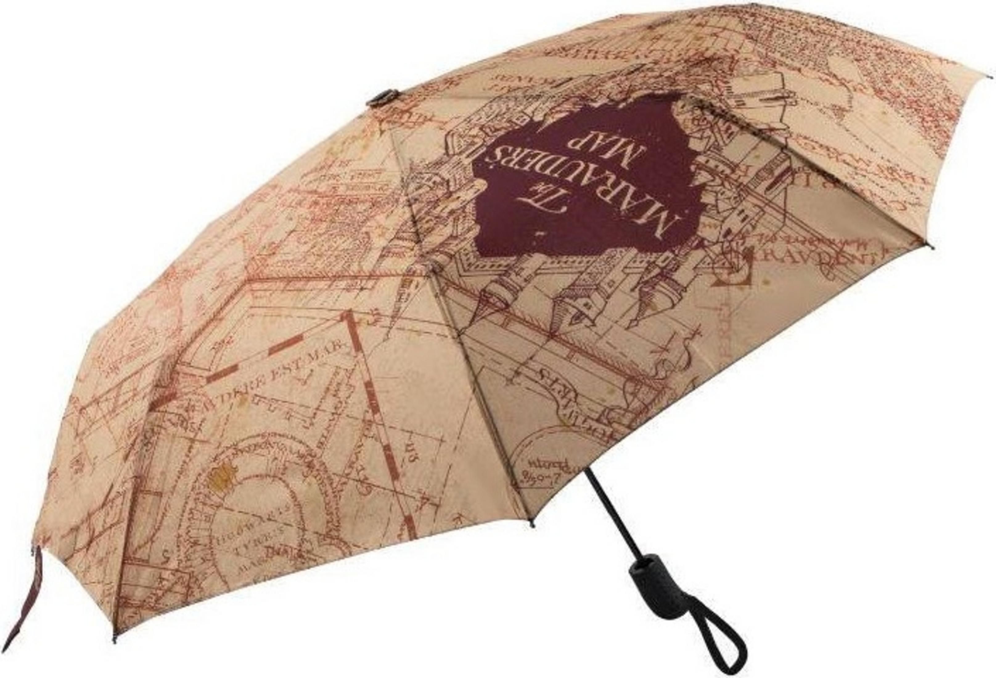Ein brauner Regenschirm mit einer Karte des Rumtreibers und Gebäudedetails.