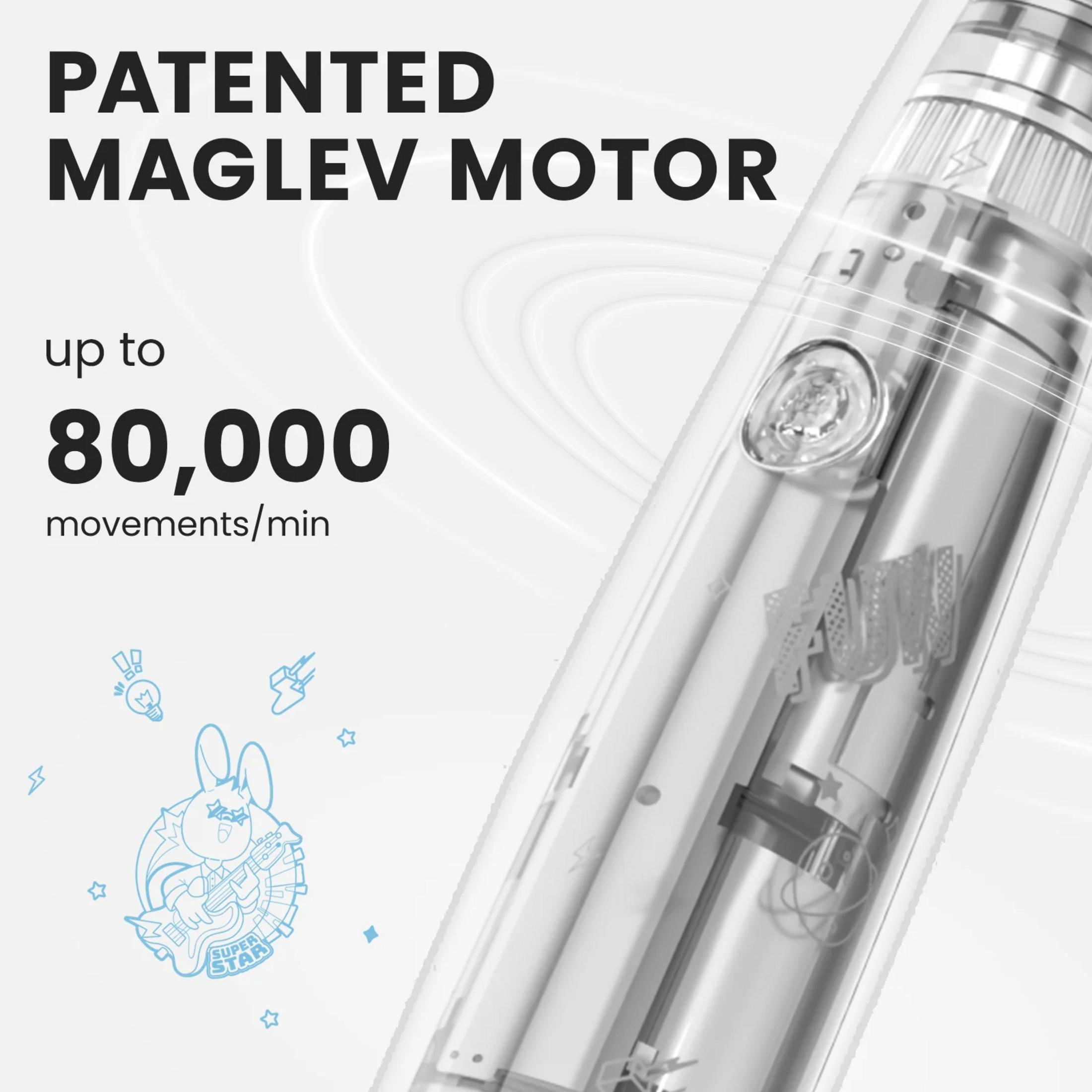 Opatentowany silnik Maglev, do 80 000 ruchów/min. Przezroczyste urządzenie z wnętrzem.