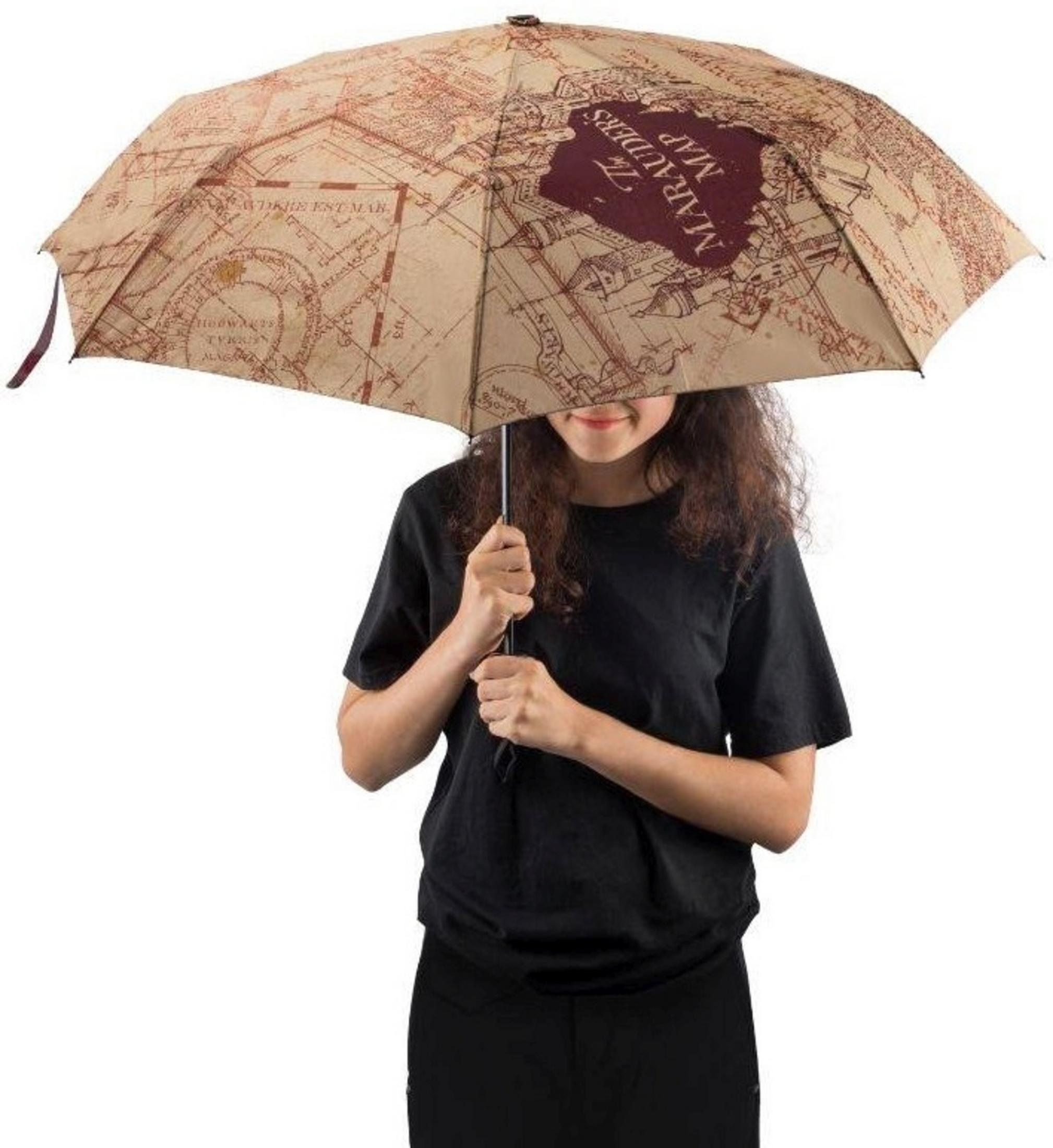 Eine Frau hält einen Regenschirm mit einer Karte des Rumtreiber-Plans, weiße Hintergrund.