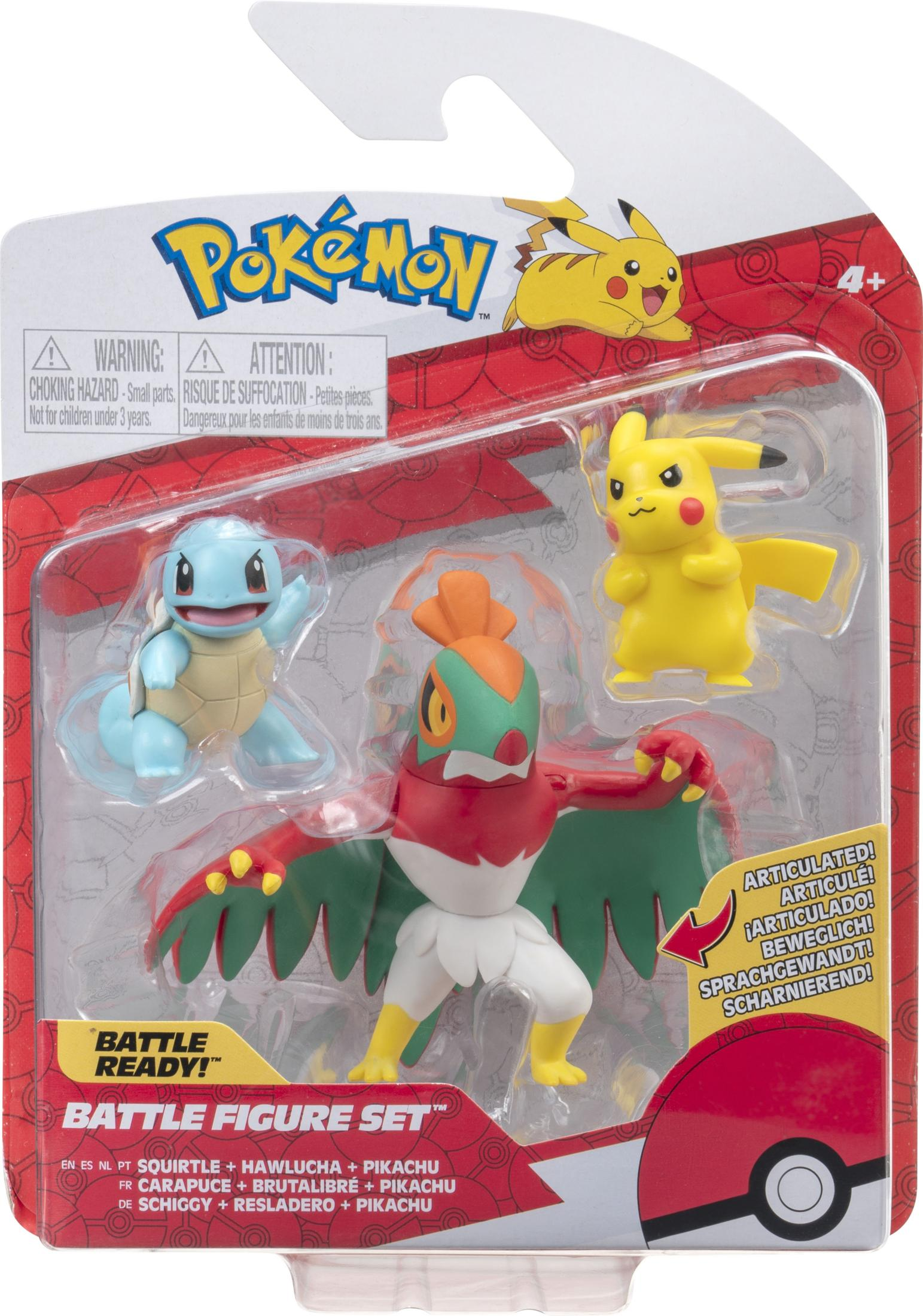 Set de figurines Pokémon avec Pikachu, Carapuce et Brutalibré en emballage.