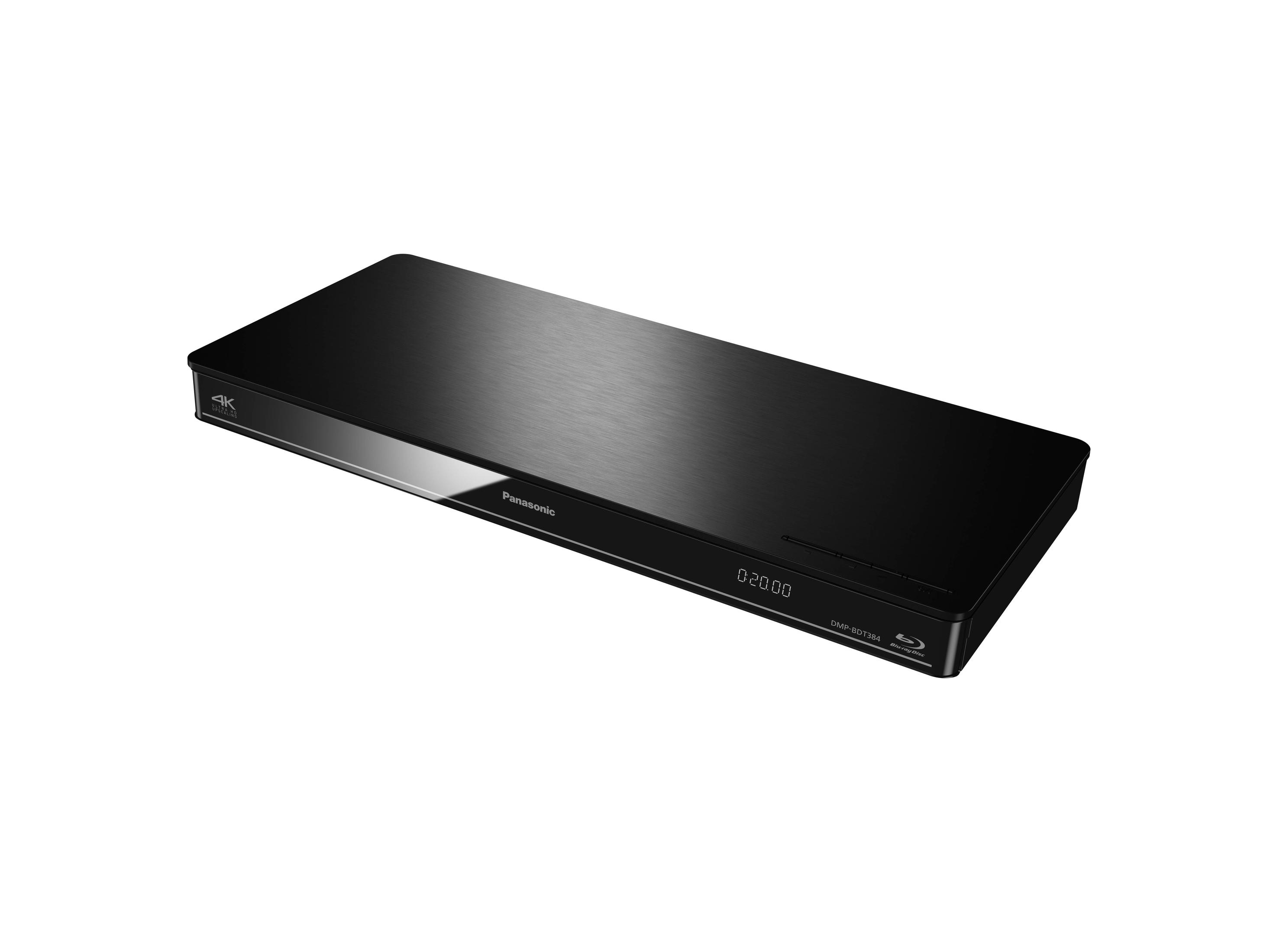 Reproductor Blu-ray Panasonic negro con escalado 4K y pantalla plateada.