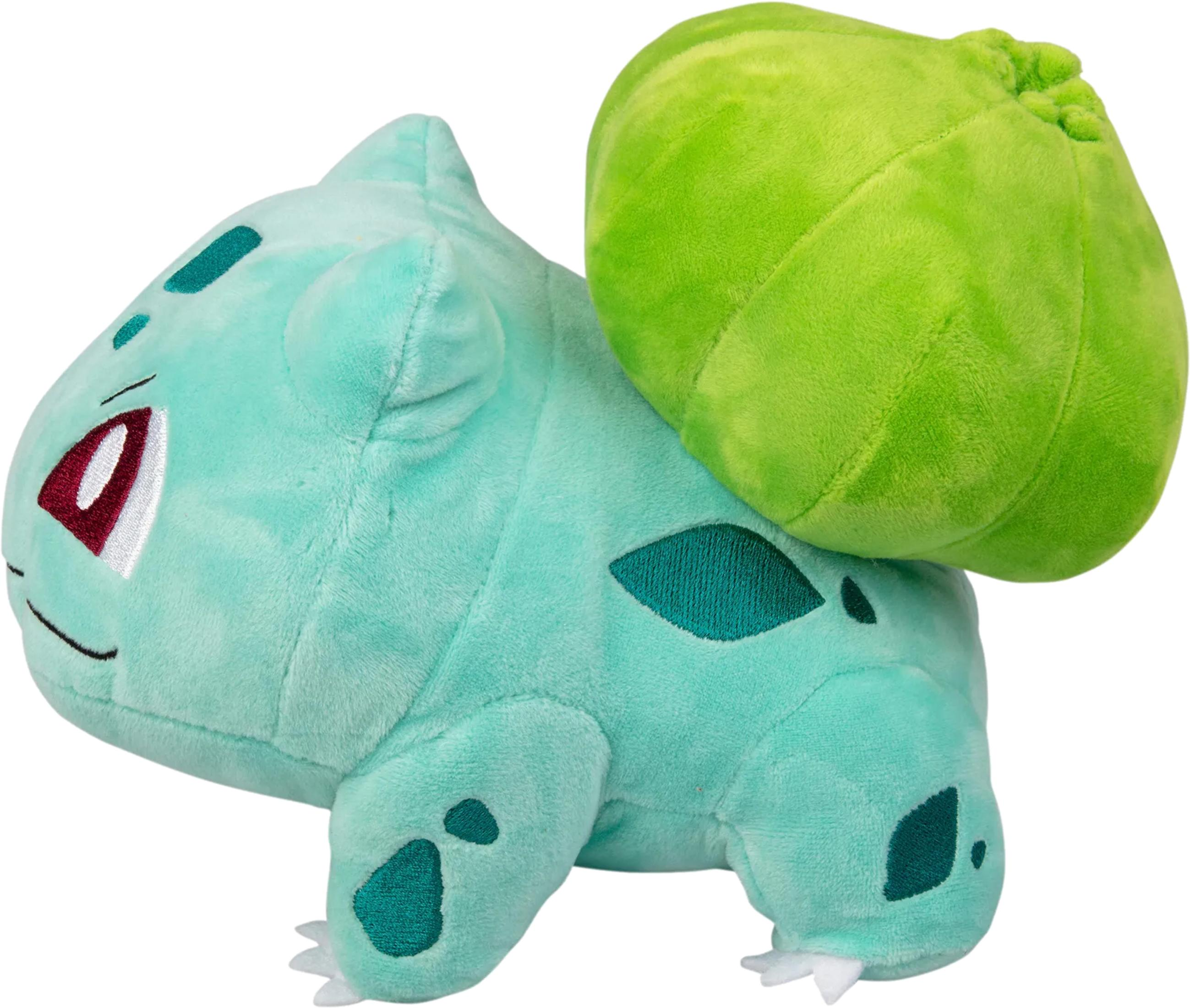 Ein grüner Plüsch-Bulbasaur mit einer großen grünen Knospe auf dem Rücken.