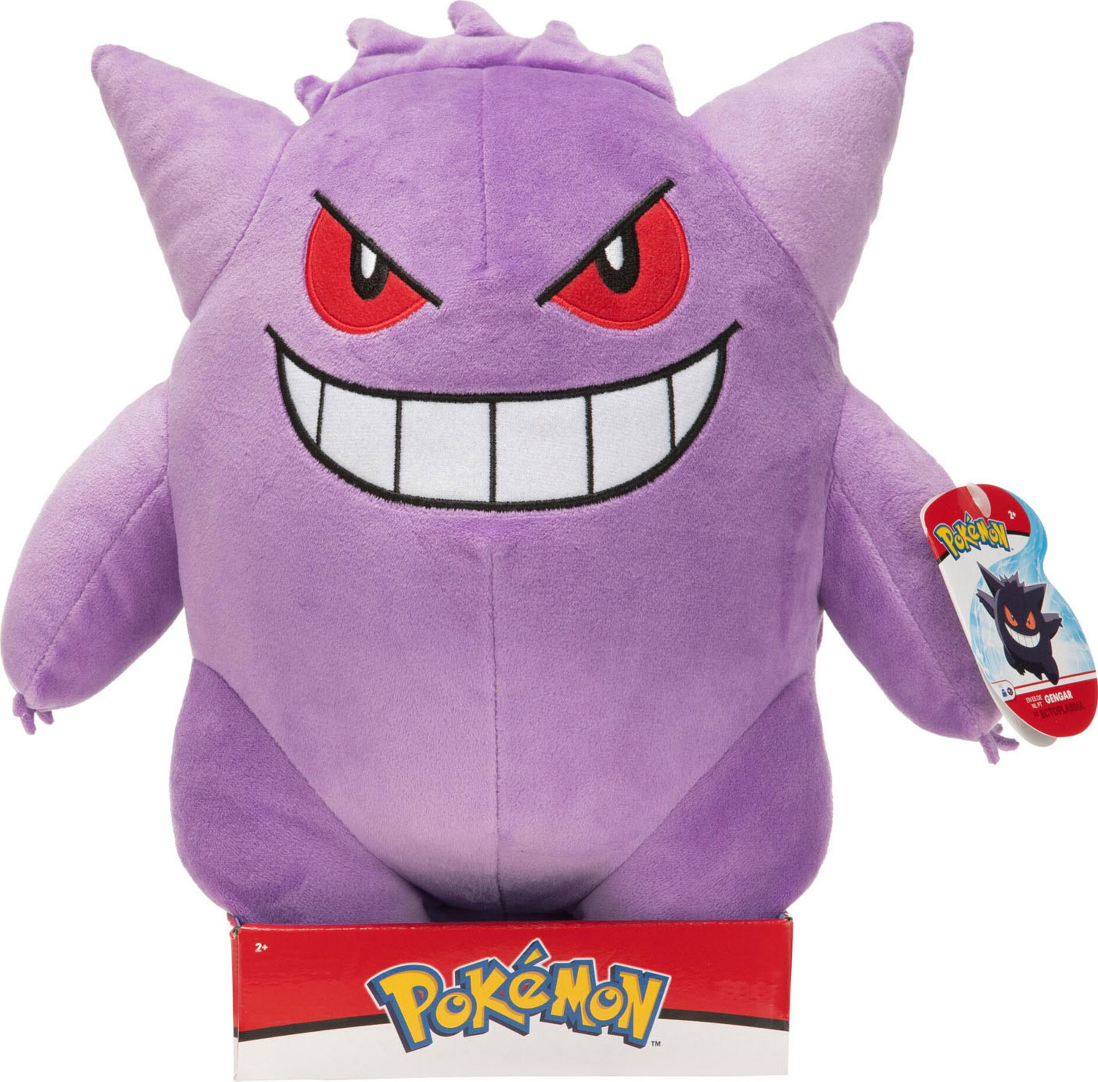Ein lila Pokémon-Plüschtier mit roten Augen und einem breiten Grinsen.