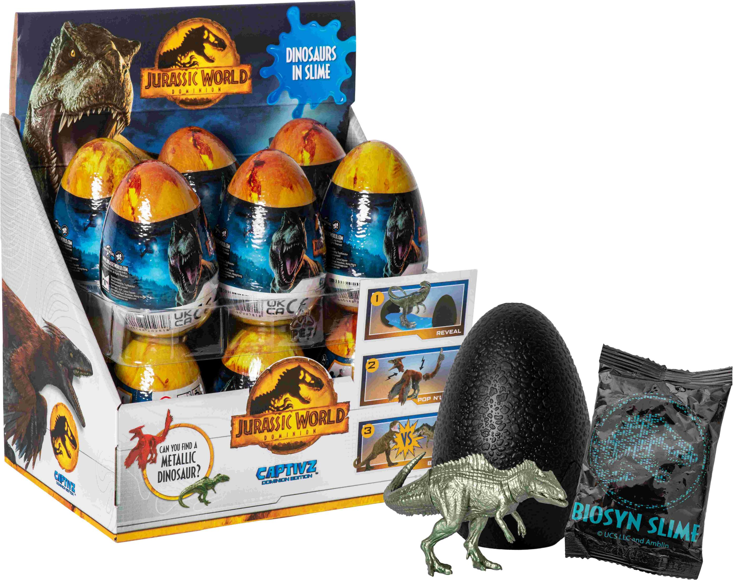 Jurassic World Dominion Eier mit Dino-Figuren und Schleim.