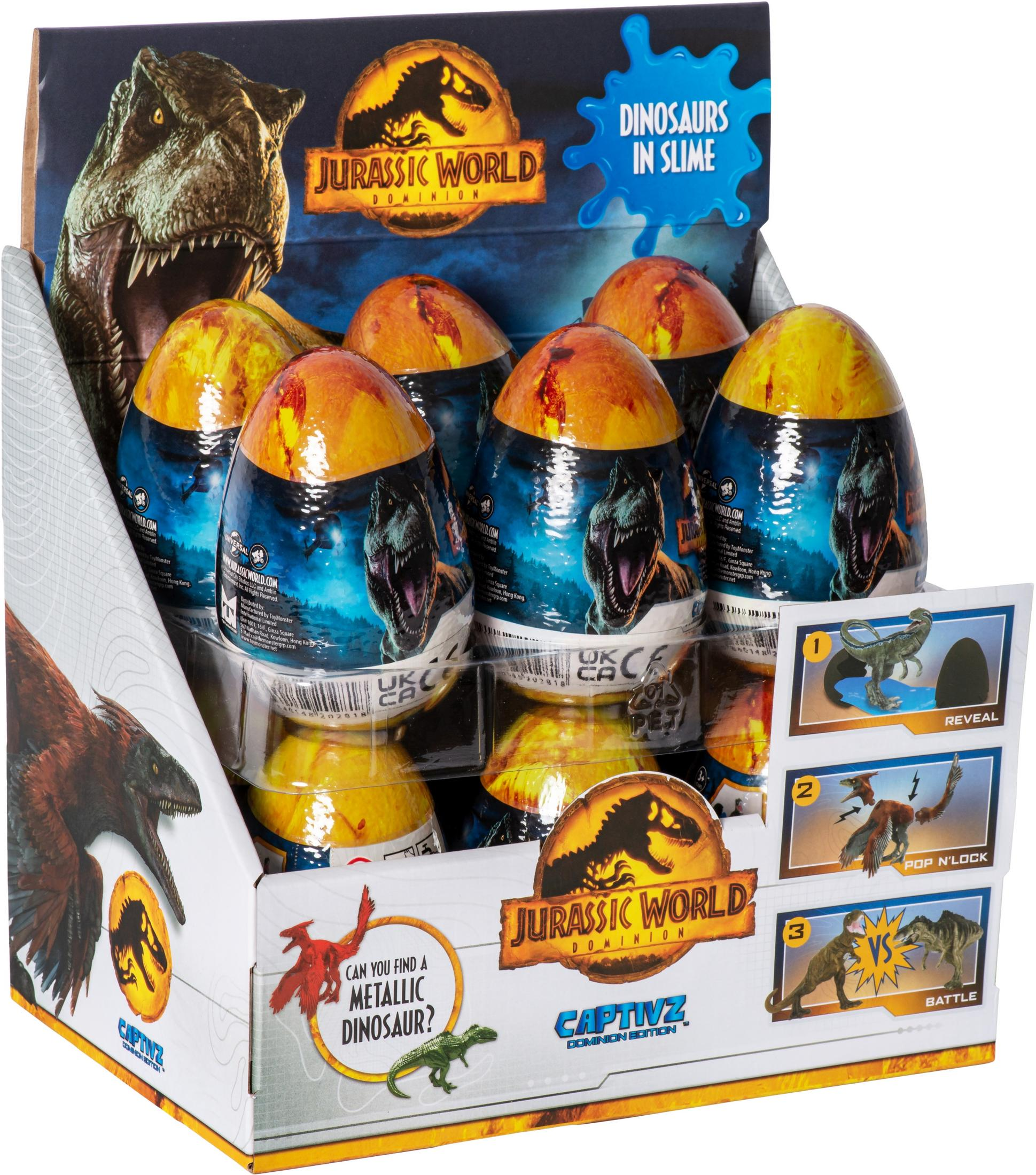 Verpackung mit Jurassic World Eiern und Dinosaurier-Illustrationen.