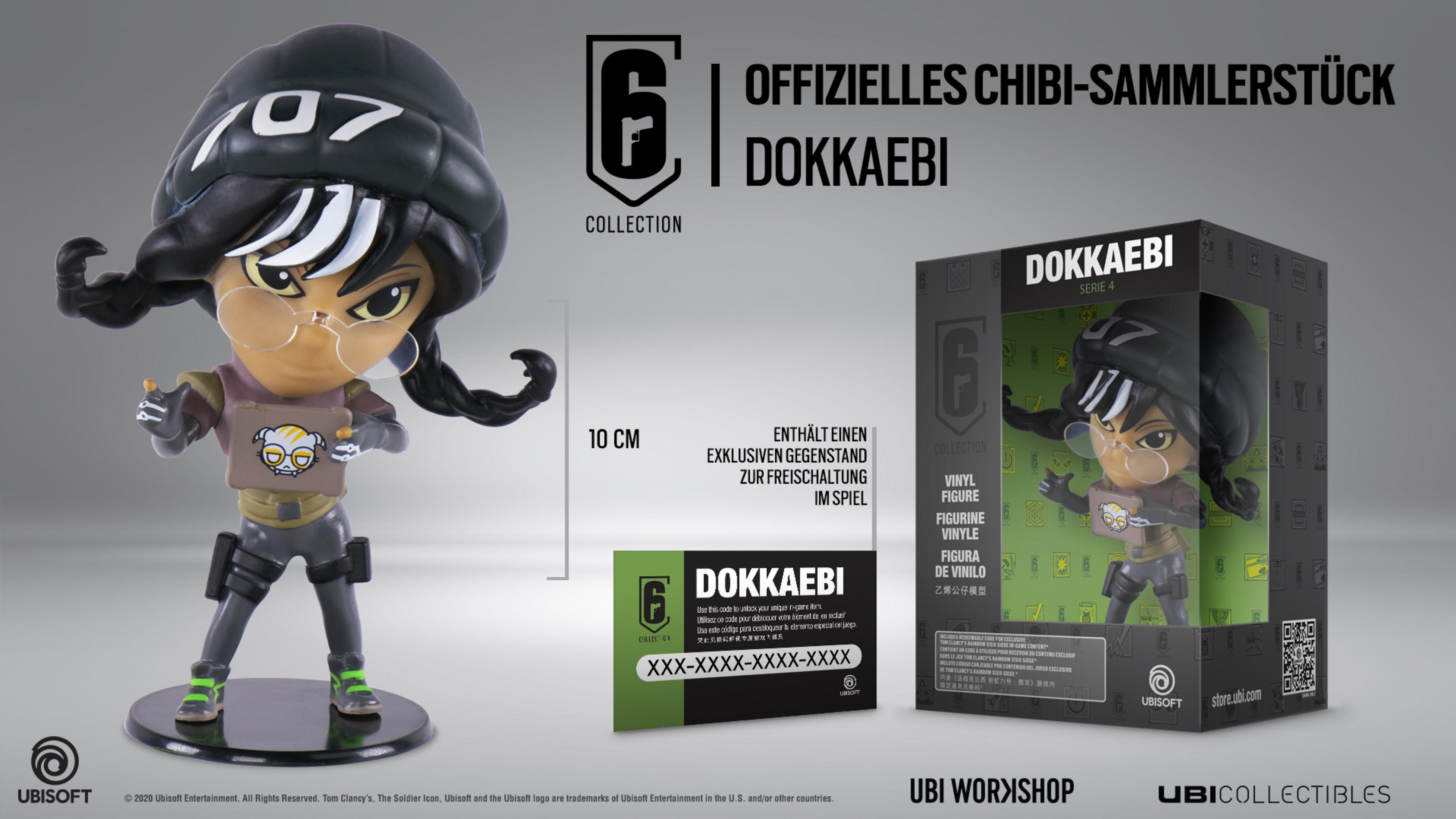 Chibi-Figur von Dokkaebi aus Rainbow Six Siege, mit Box und Code.