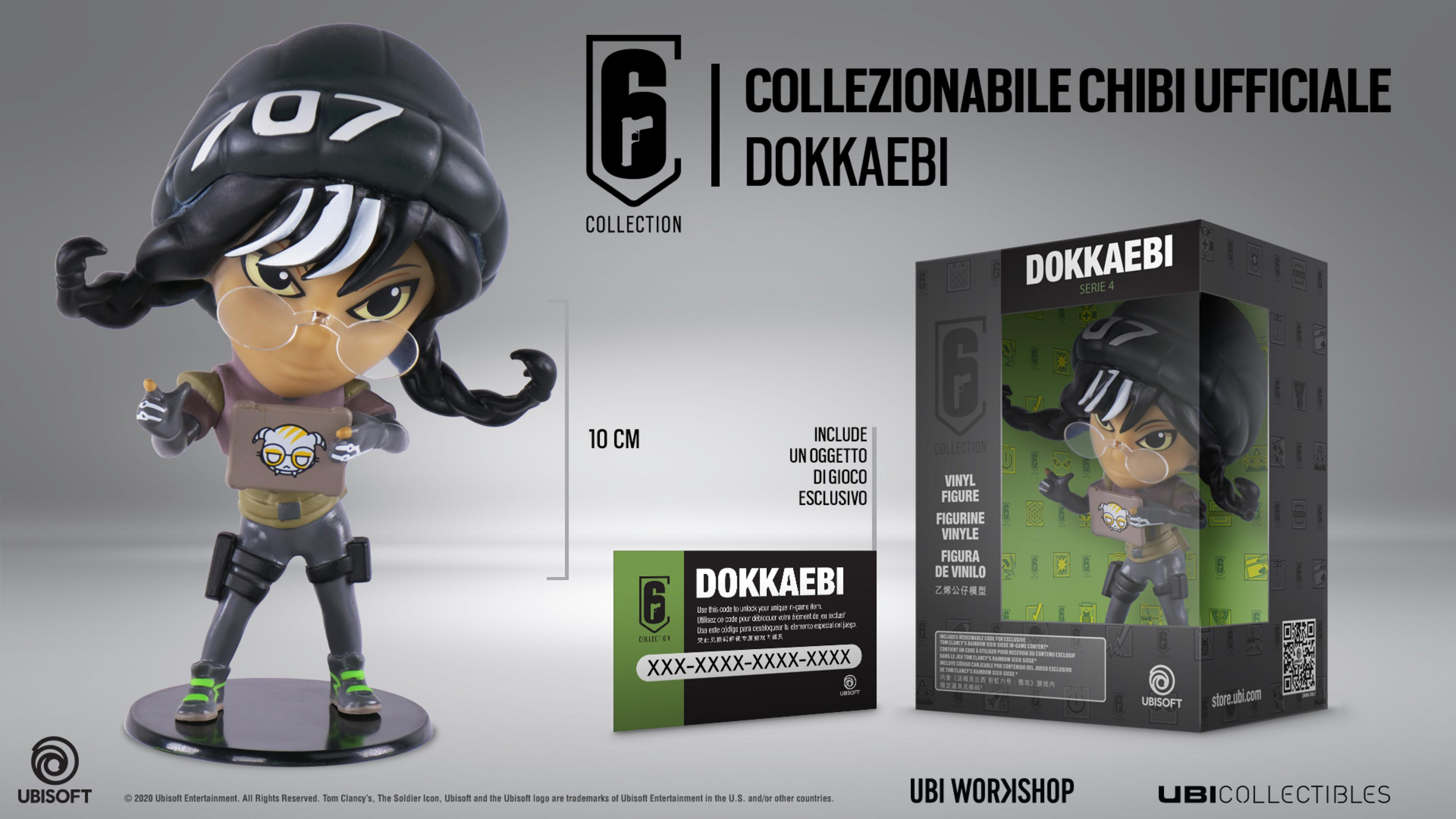Eine 10 cm große Chibi-Figur von Dokkaebi aus Rainbow Six Siege, mit Box und Code.