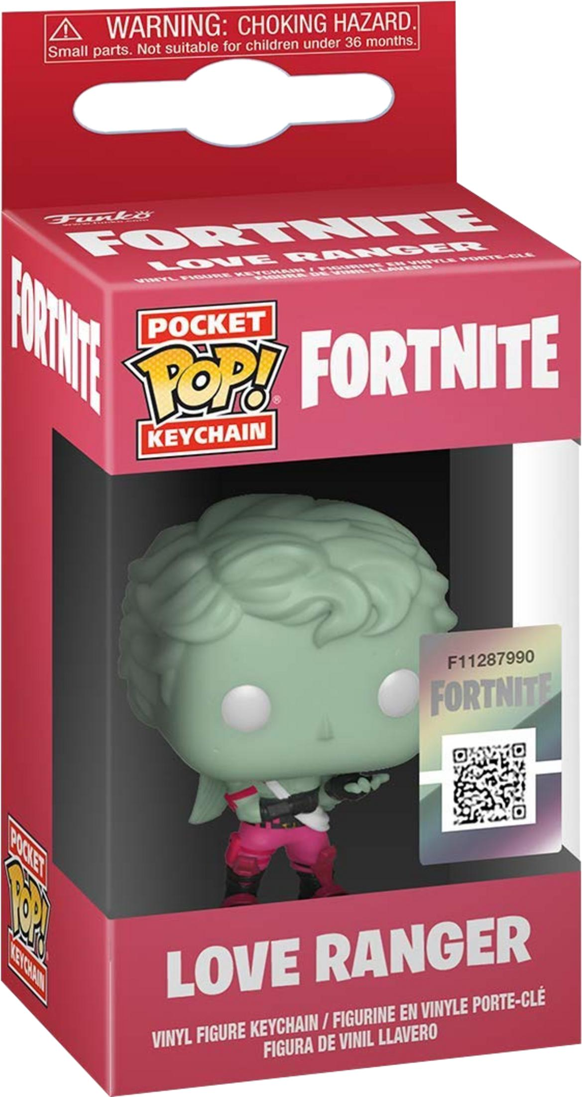 Brelok z figurki winylowej Fortnite Love Ranger w pudełku z etykietą ostrzegawczą.