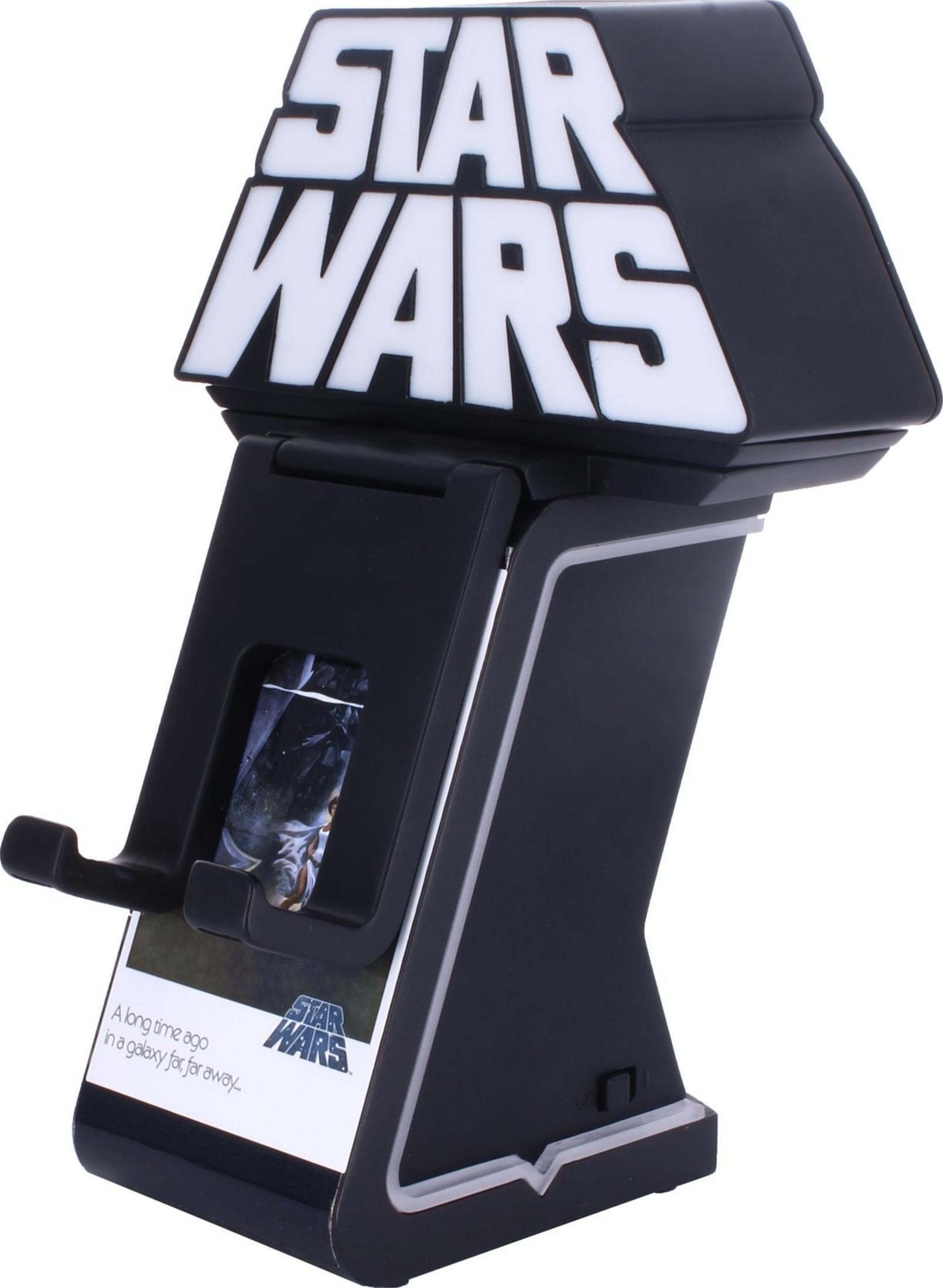Ein schwarzer Star Wars Handyhalter mit dem Logo und Text.