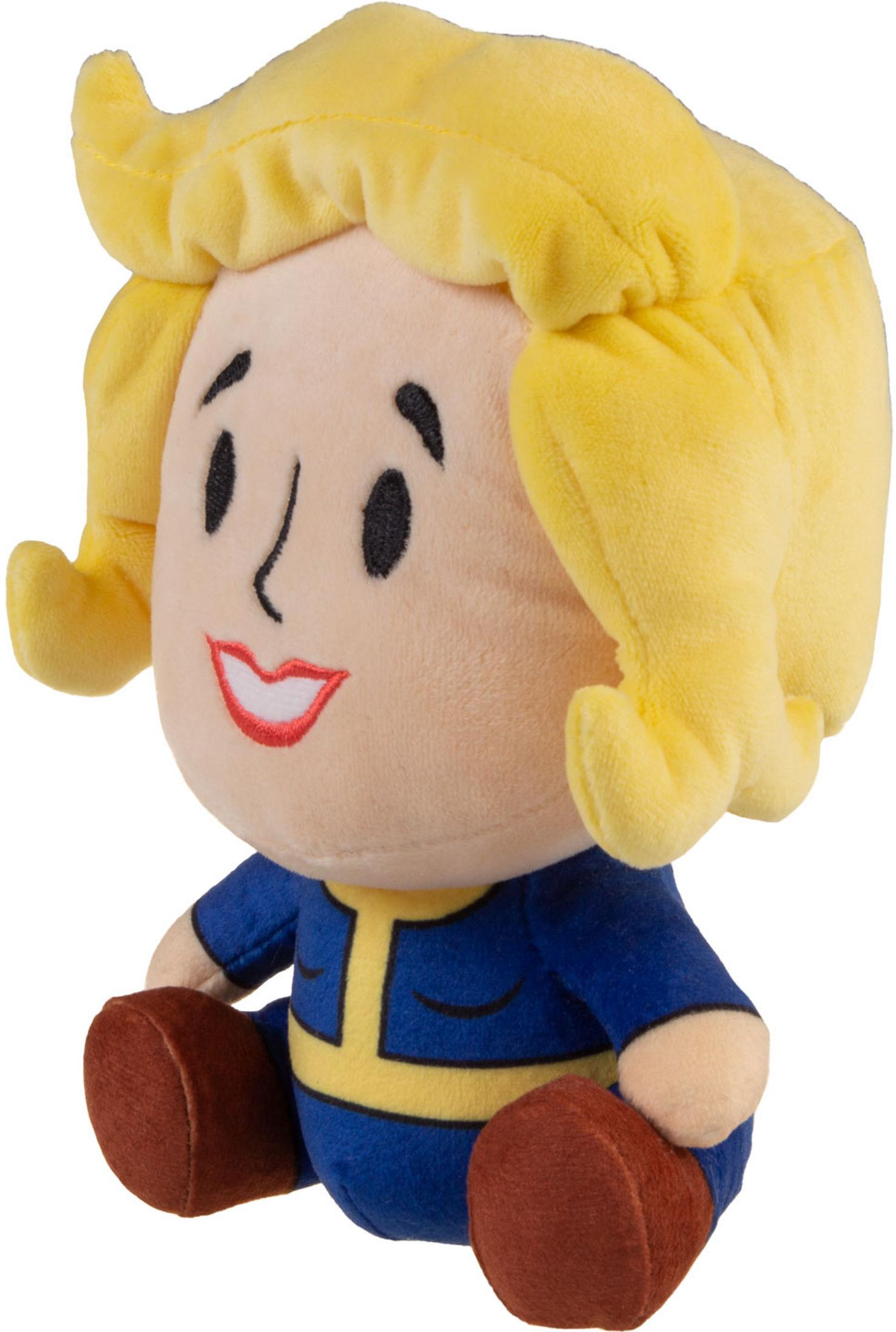 Ein blonder Plüschcharakter in einem blauen Overall mit gelben Akzenten.