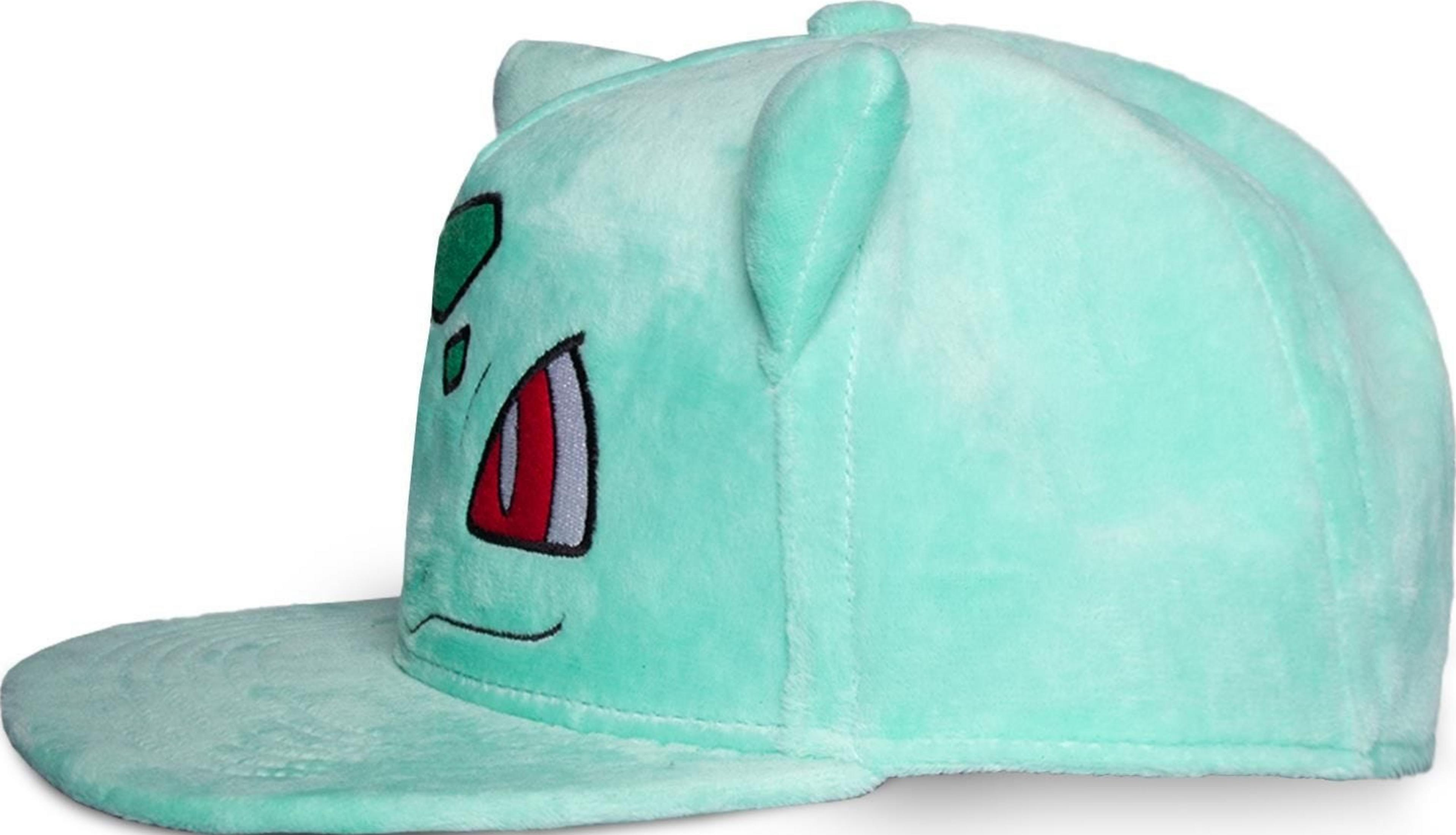 Ein türkisfarbener Plüschhut mit dem Gesicht von Bulbasaur und Ohren.