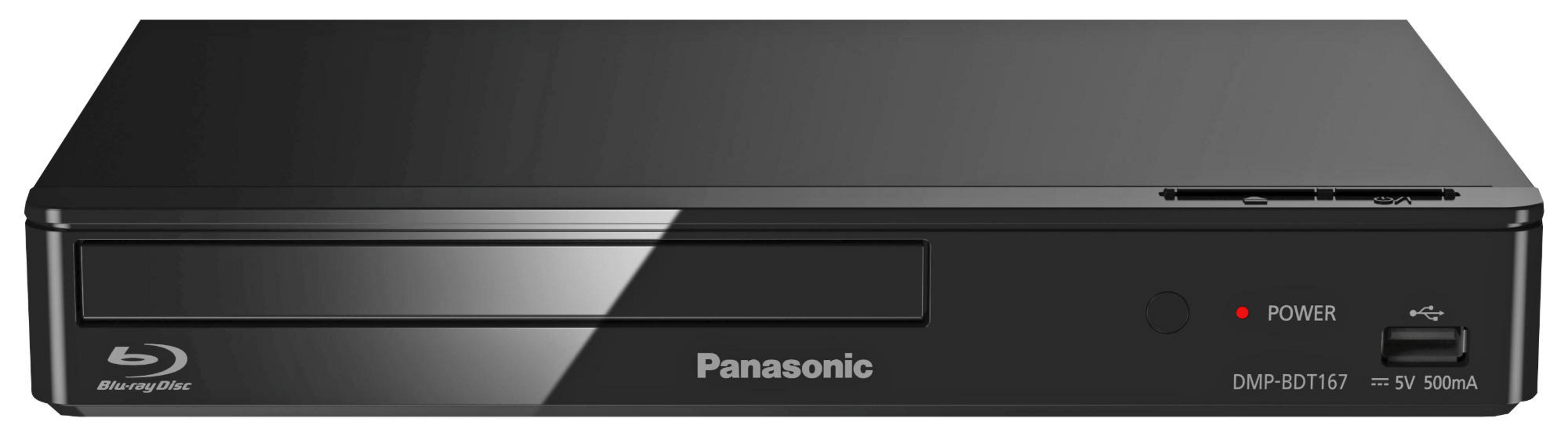 Czarny odtwarzacz Blu-ray Panasonic ze szczeliną na płytę i portem USB.