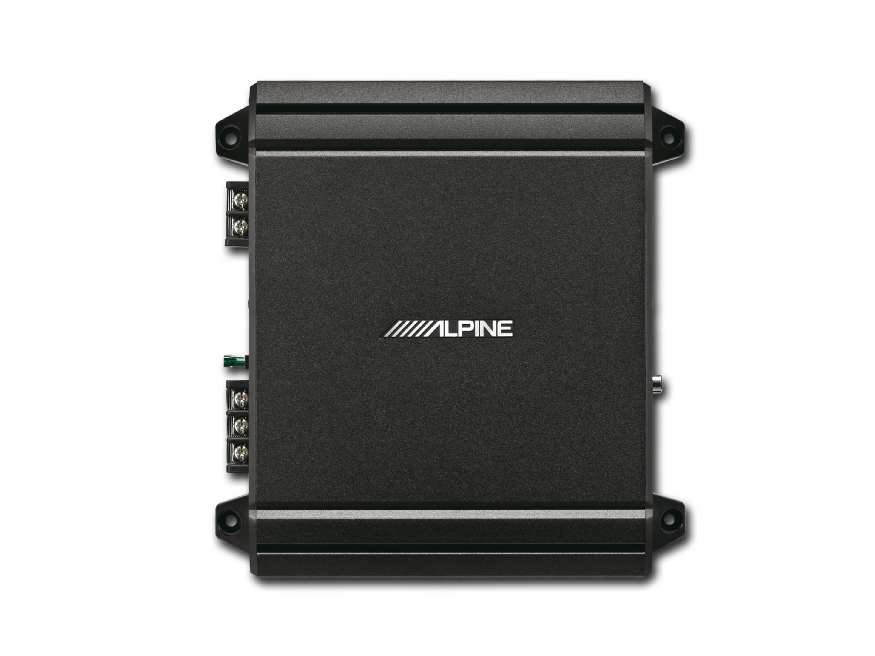 Schwarzer Alpine Verstärker mit Anschlüssen und Kühlrippen.