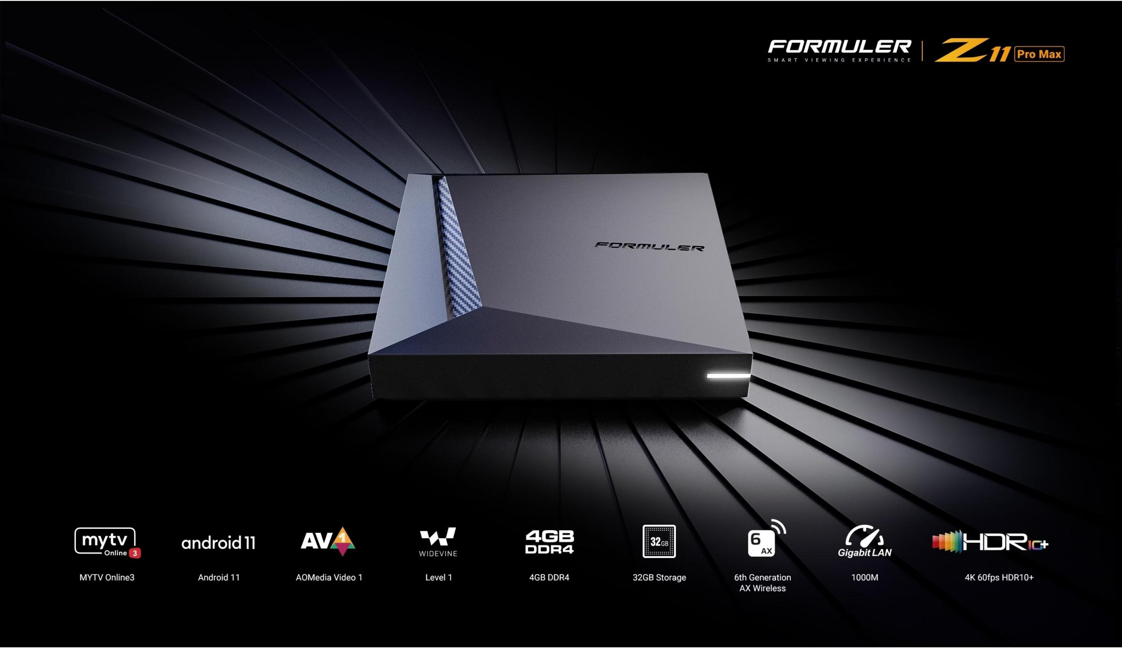 Un media player Formuler Z11 Pro Max scuro su sfondo nero con icone.