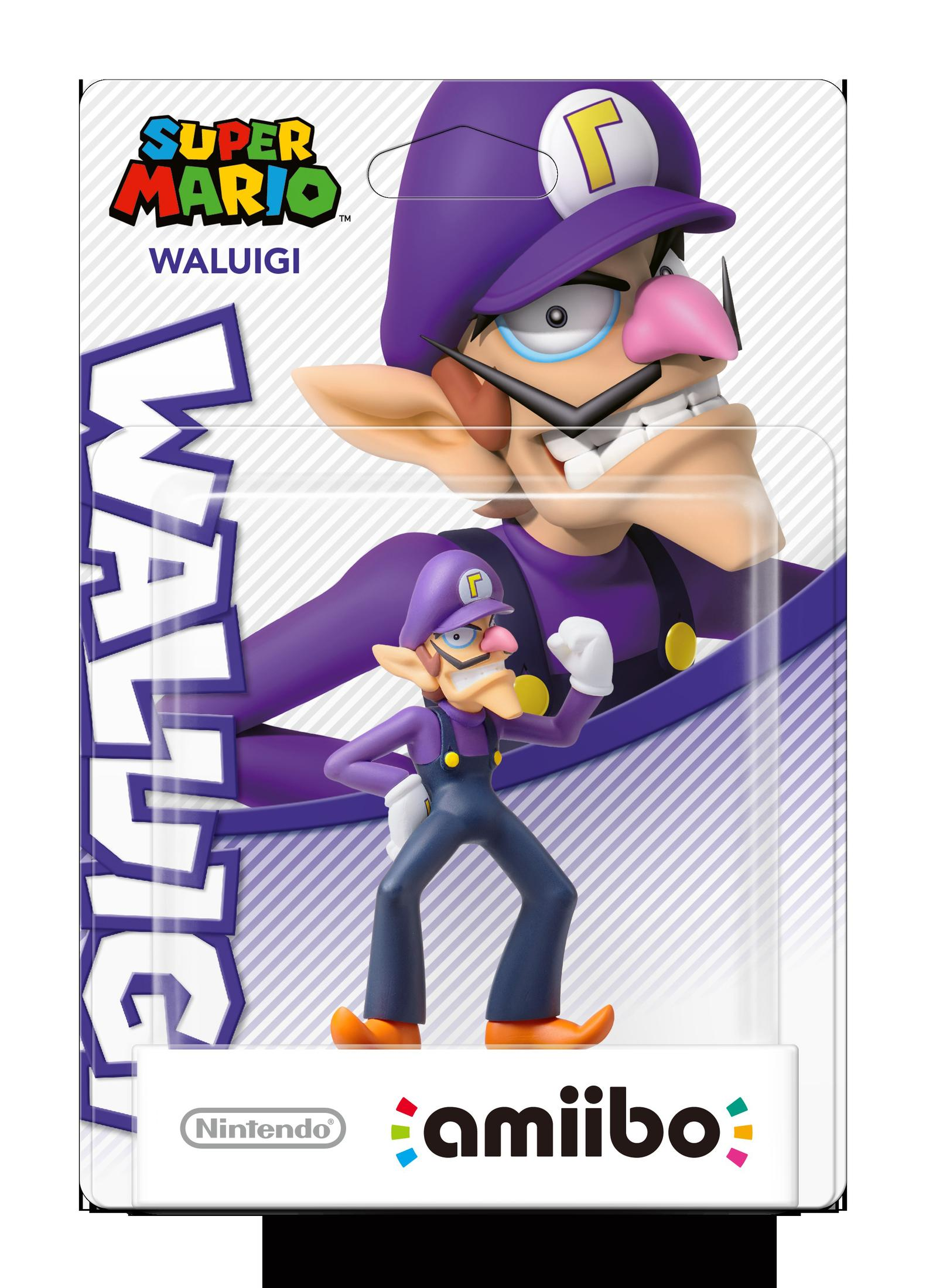 Waluigi Amiibo Figur in Verpackung, Super Mario Logo, Nintendo Logo.