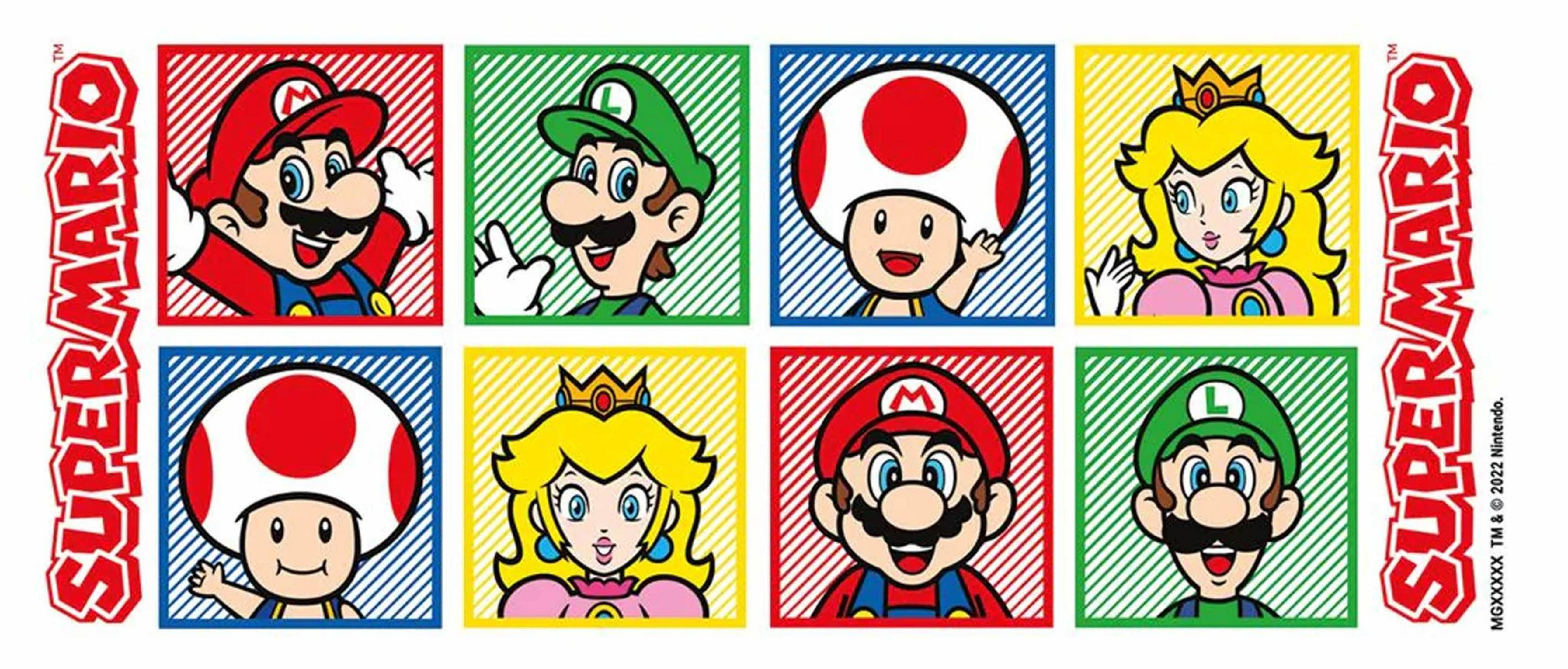 Personajes de Super Mario: Mario, Luigi, Toad y Princesa Peach en cuadrados.
