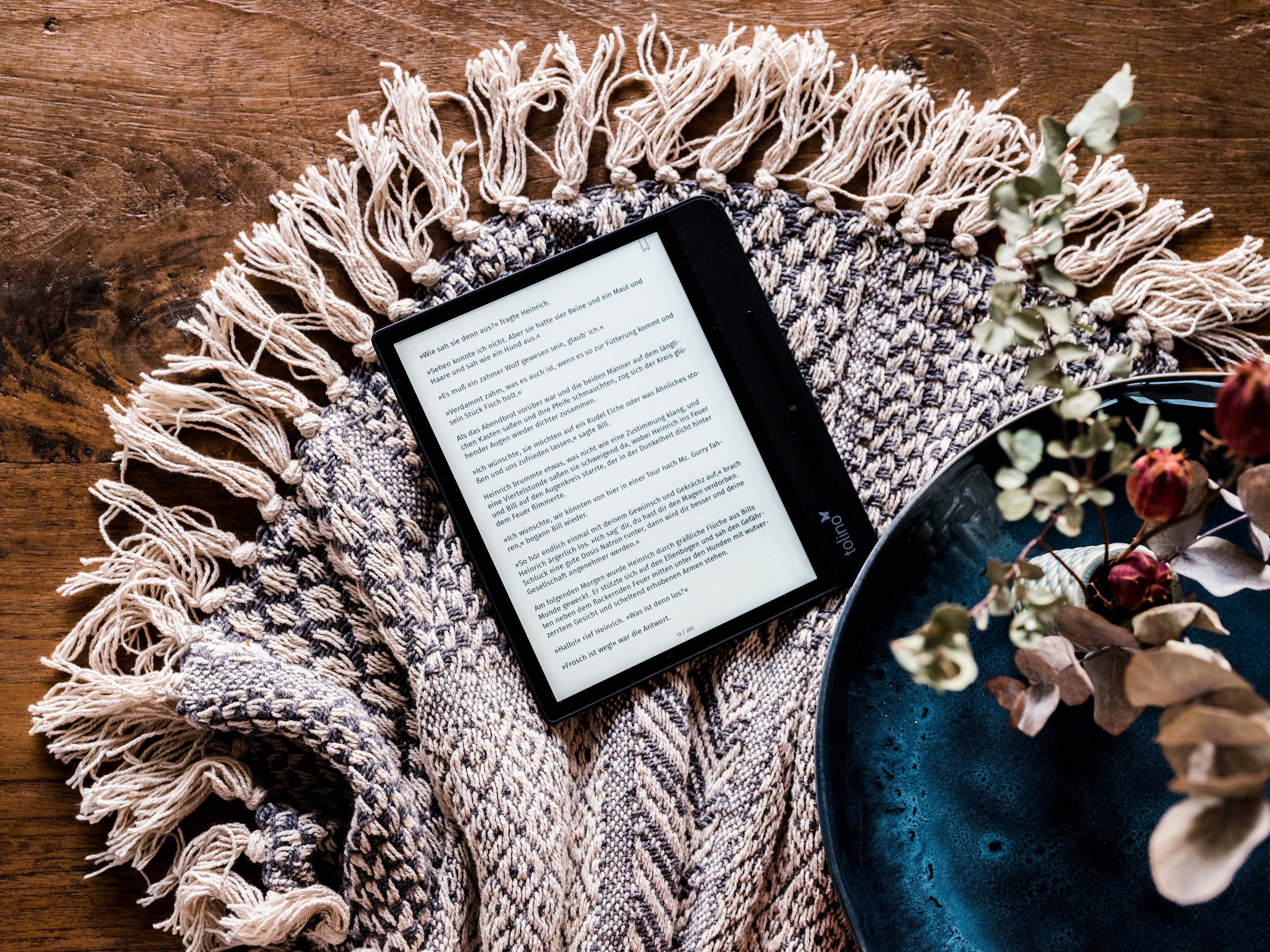 Un e-reader giace su una coperta accanto a una ciotola blu con rami.