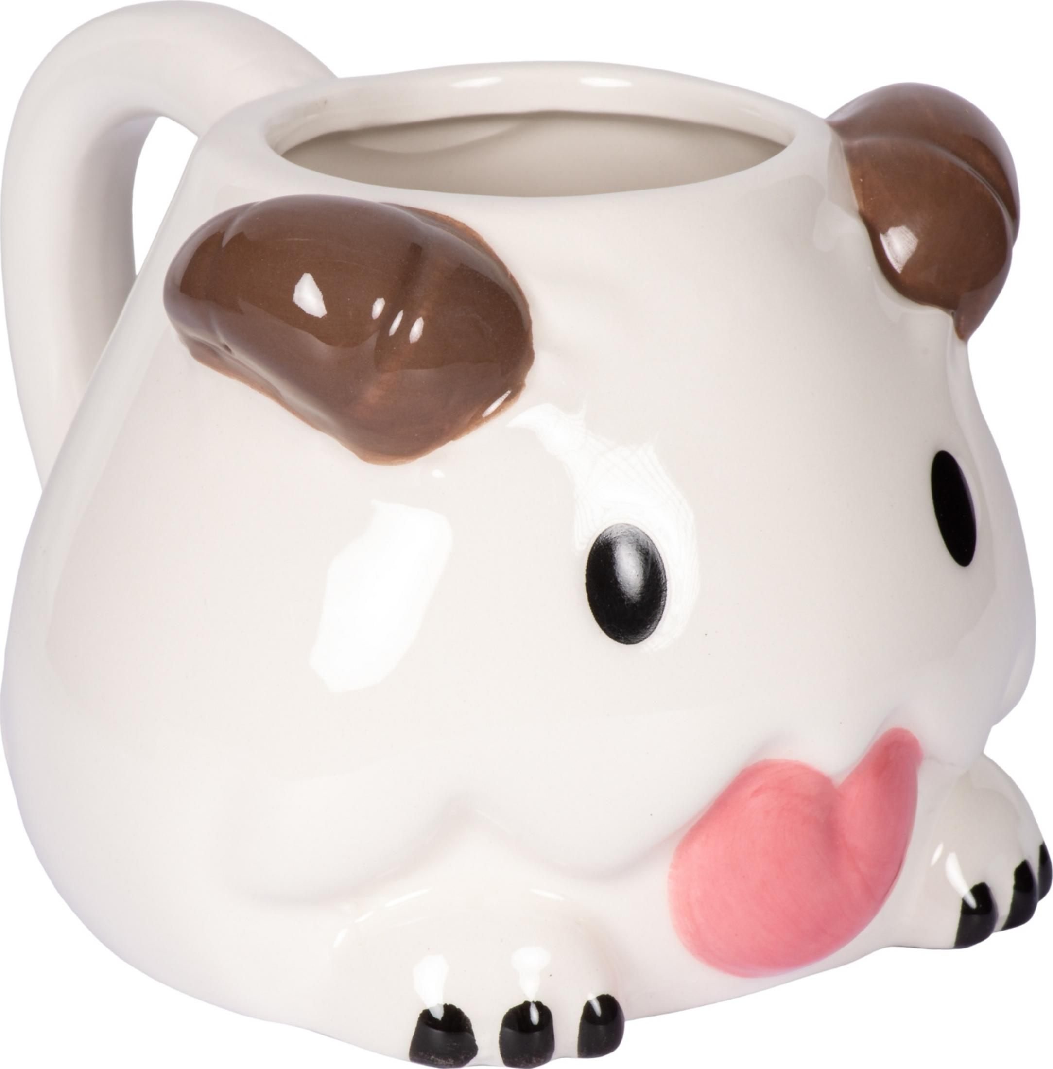 Tasse en céramique blanche en forme de chien avec oreilles marron et langue rose.