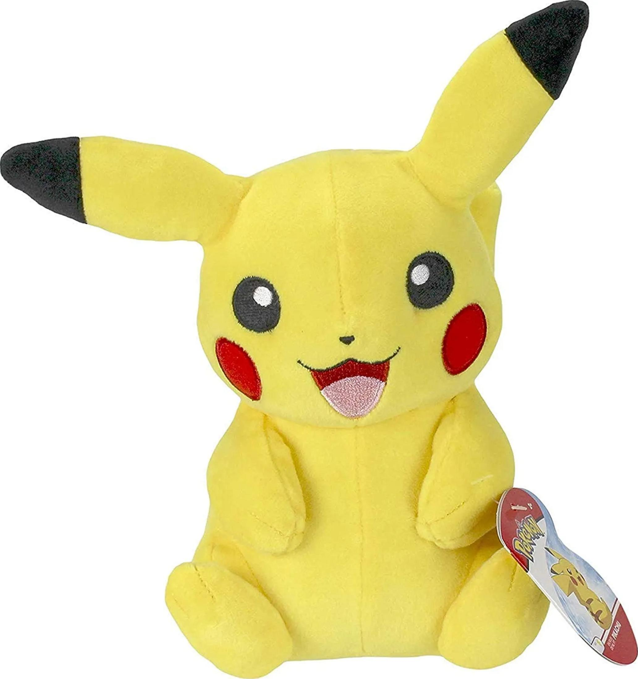 Ein gelber Plüsch-Pikachu sitzt mit herausgestreckter Zunge.