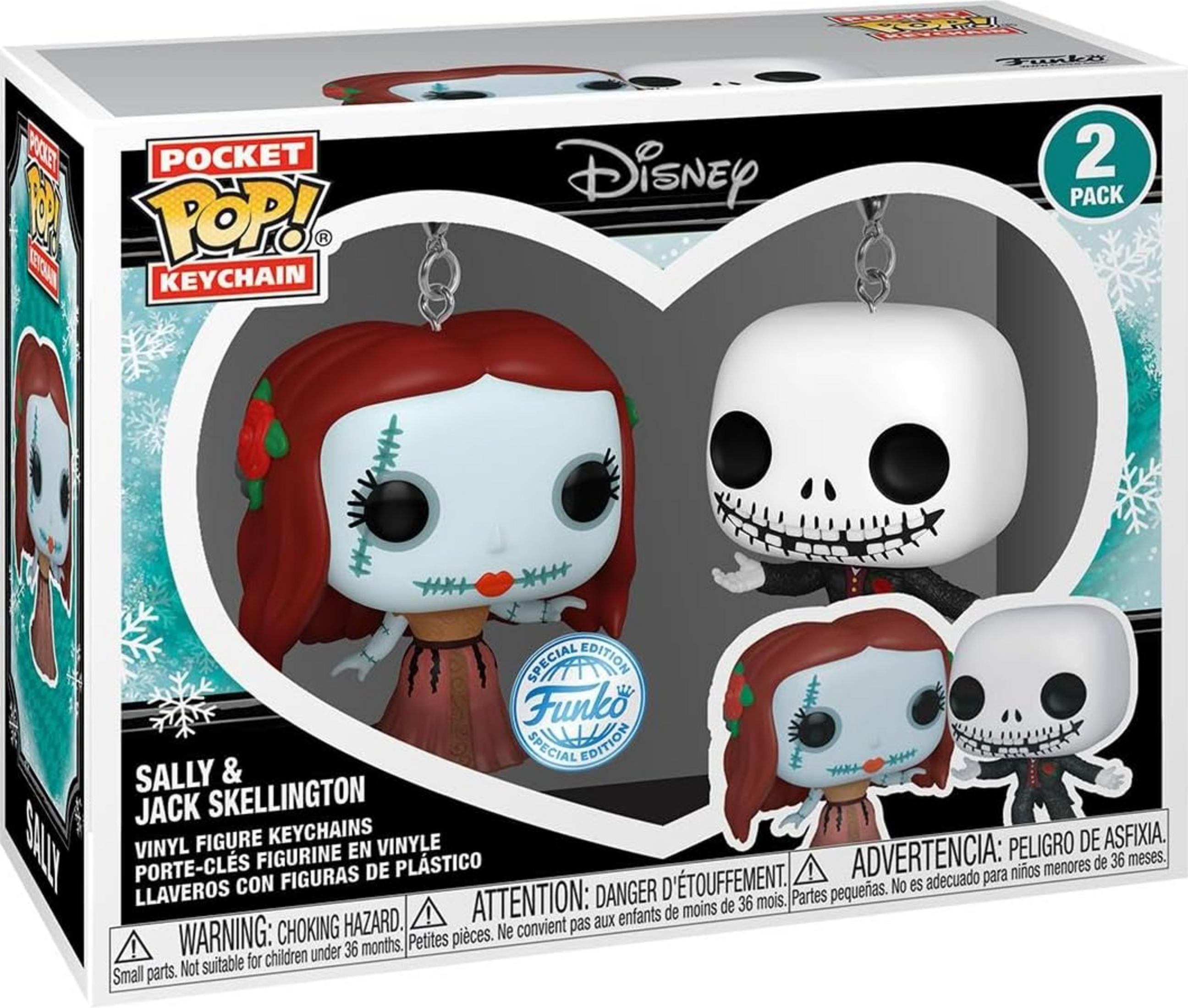 Boîte avec porte-clés Pocket Pop! de Sally et Jack Skellington. Logos Disney et Funko.