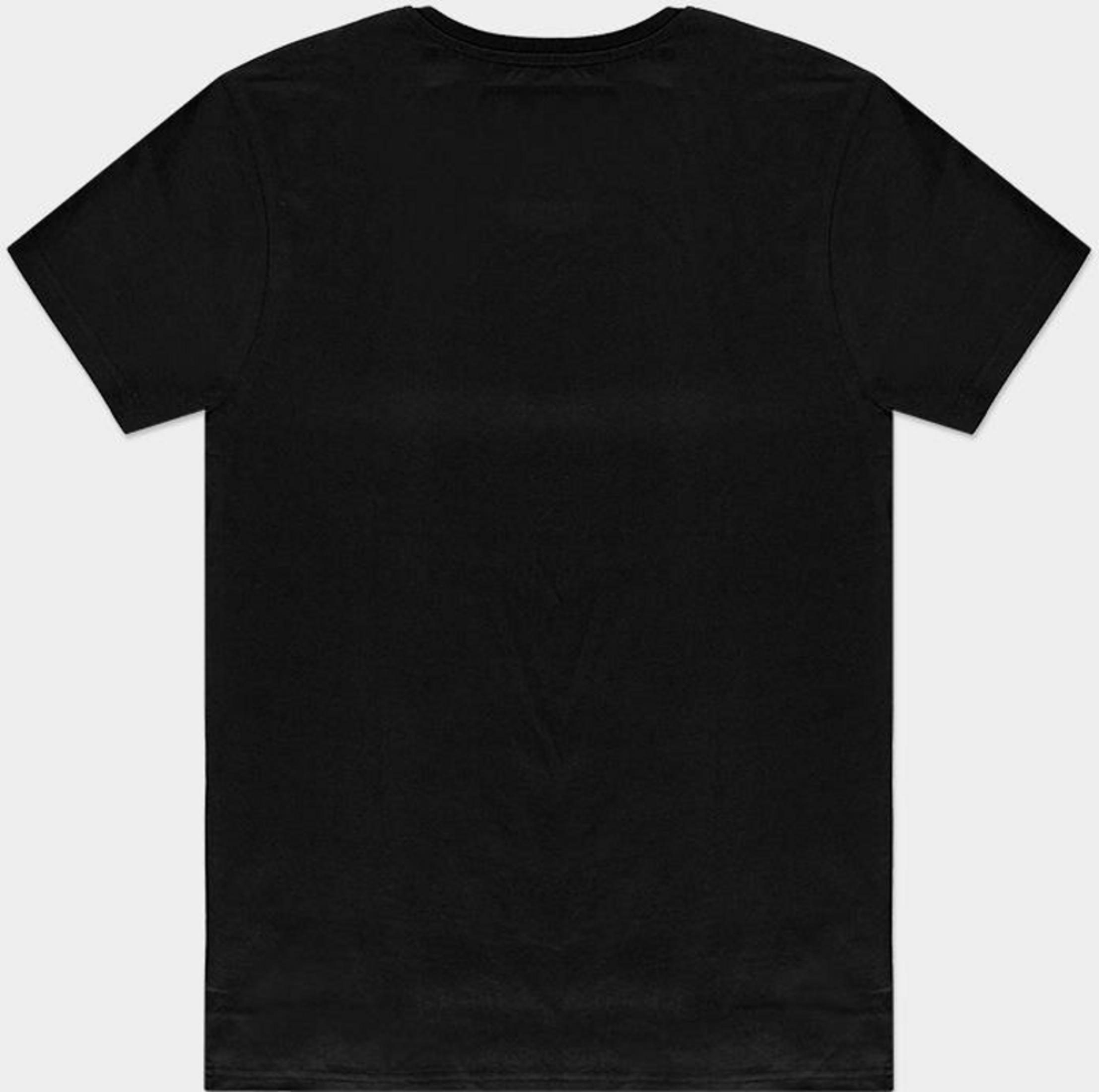 Ein schwarzes T-Shirt mit kurzen Ärmeln und Rundhalsausschnitt.