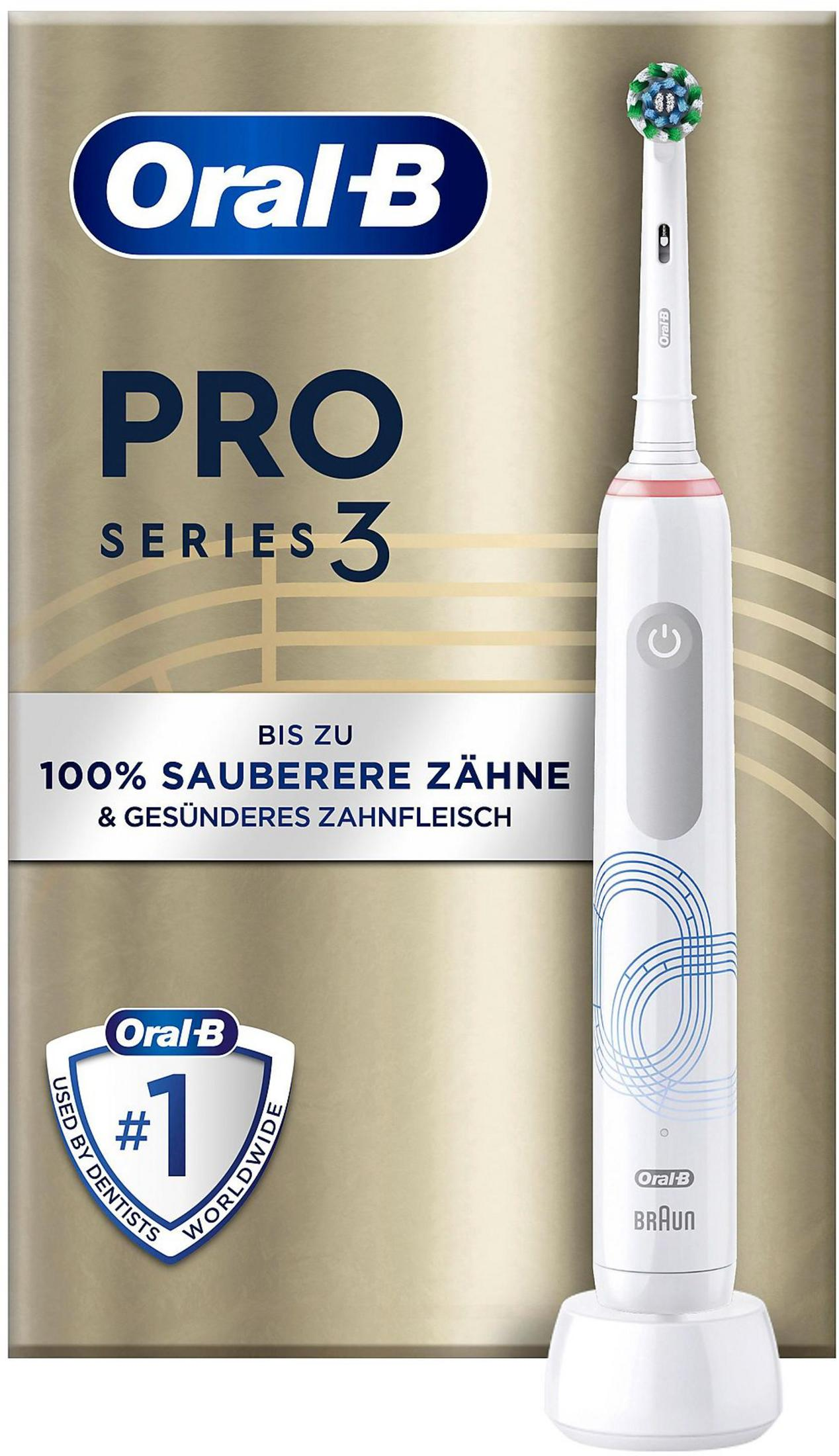 Cepillo de dientes eléctrico Oral-B Pro Series 3 blanco con base de carga y logo.