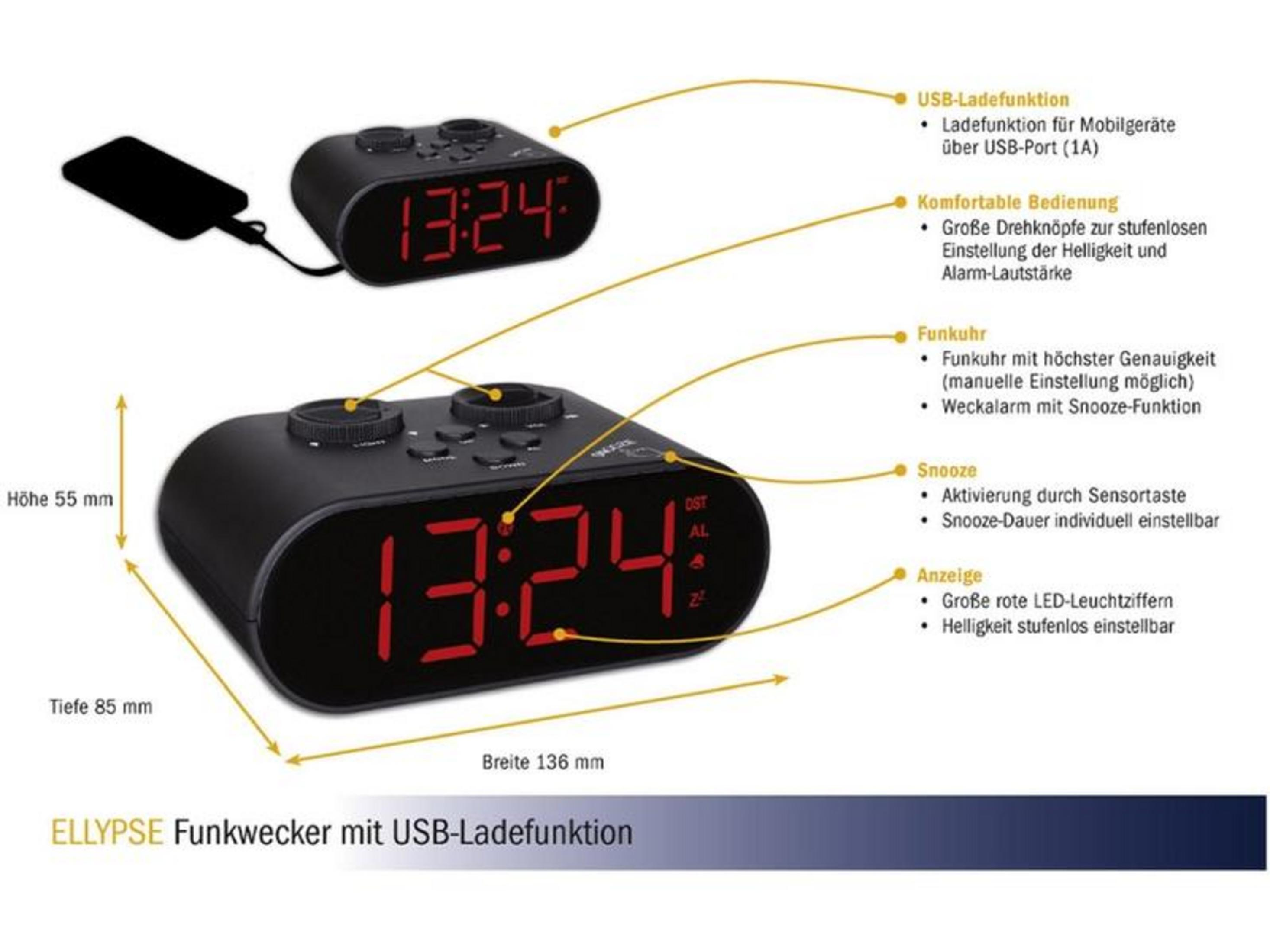 Schwarzer Digitalwecker mit roten Ziffern zeigt 13:24 an. Maße: H 55mm, T 85mm, B 136mm.
