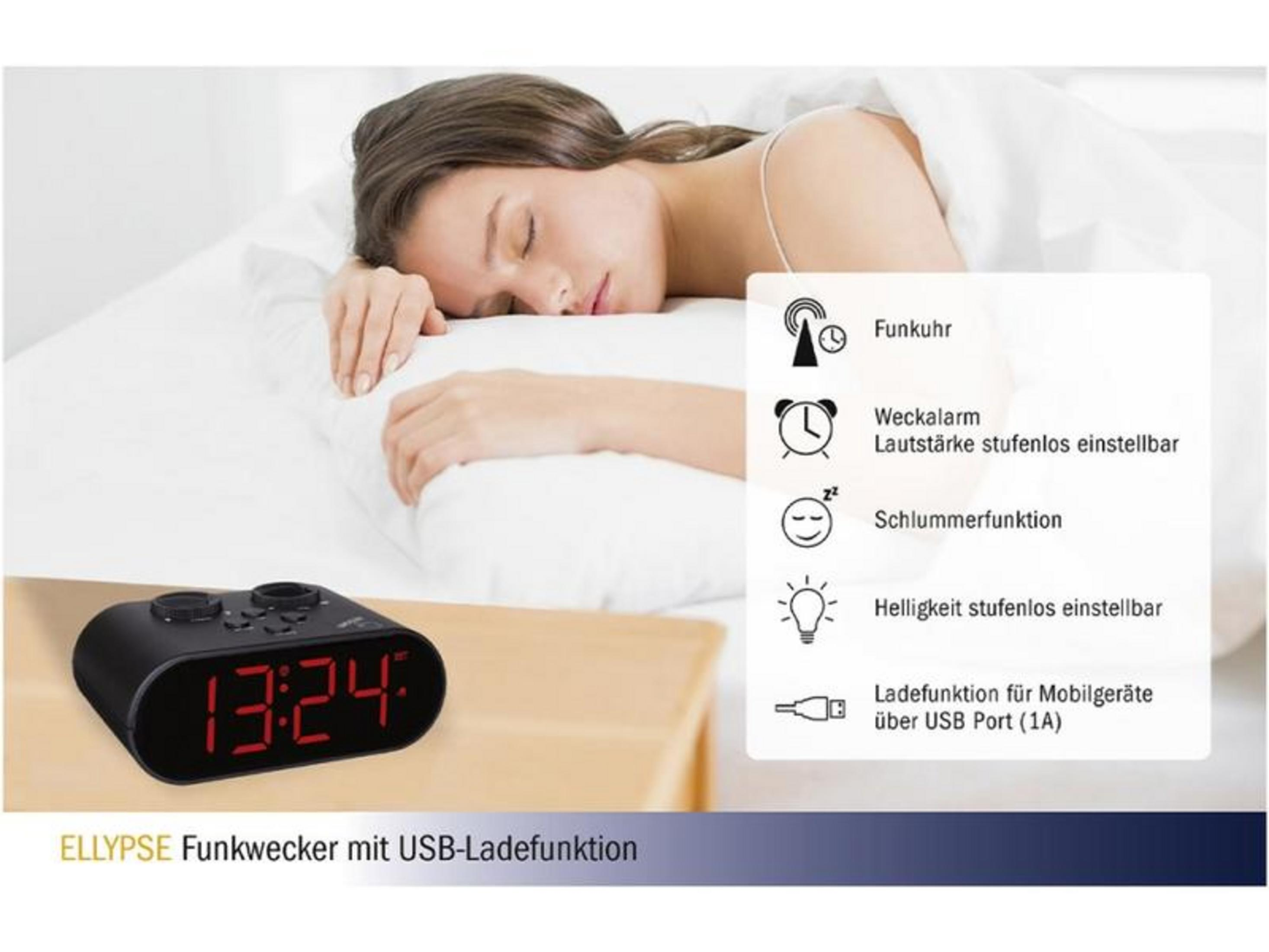 Frau schläft, ein digitaler Wecker zeigt 13:24 an, mit Funktionssymbolen.