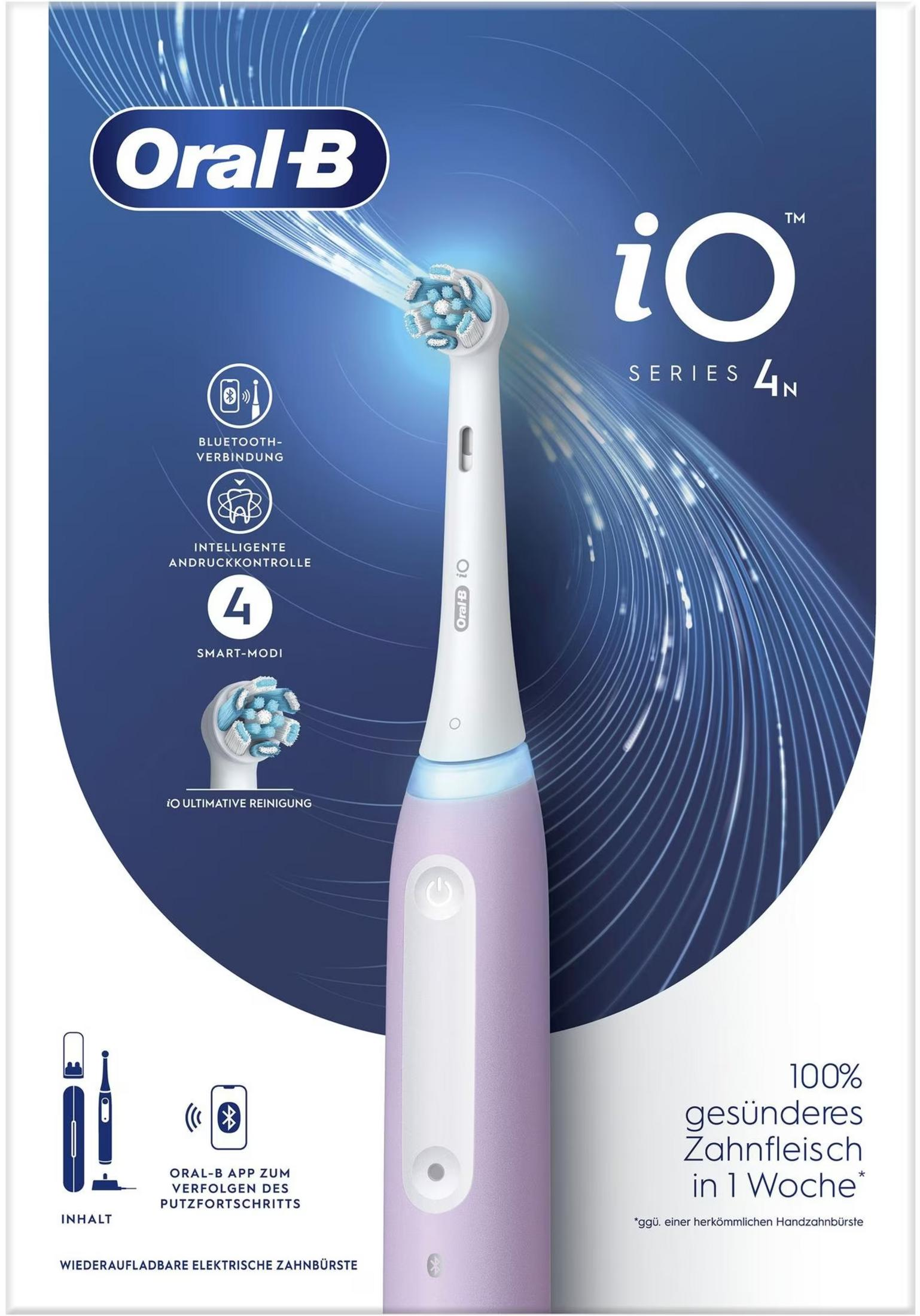 Fioletowa szczoteczka elektryczna Oral-B iO Series 4N z niebieskim podświetleniem LED.