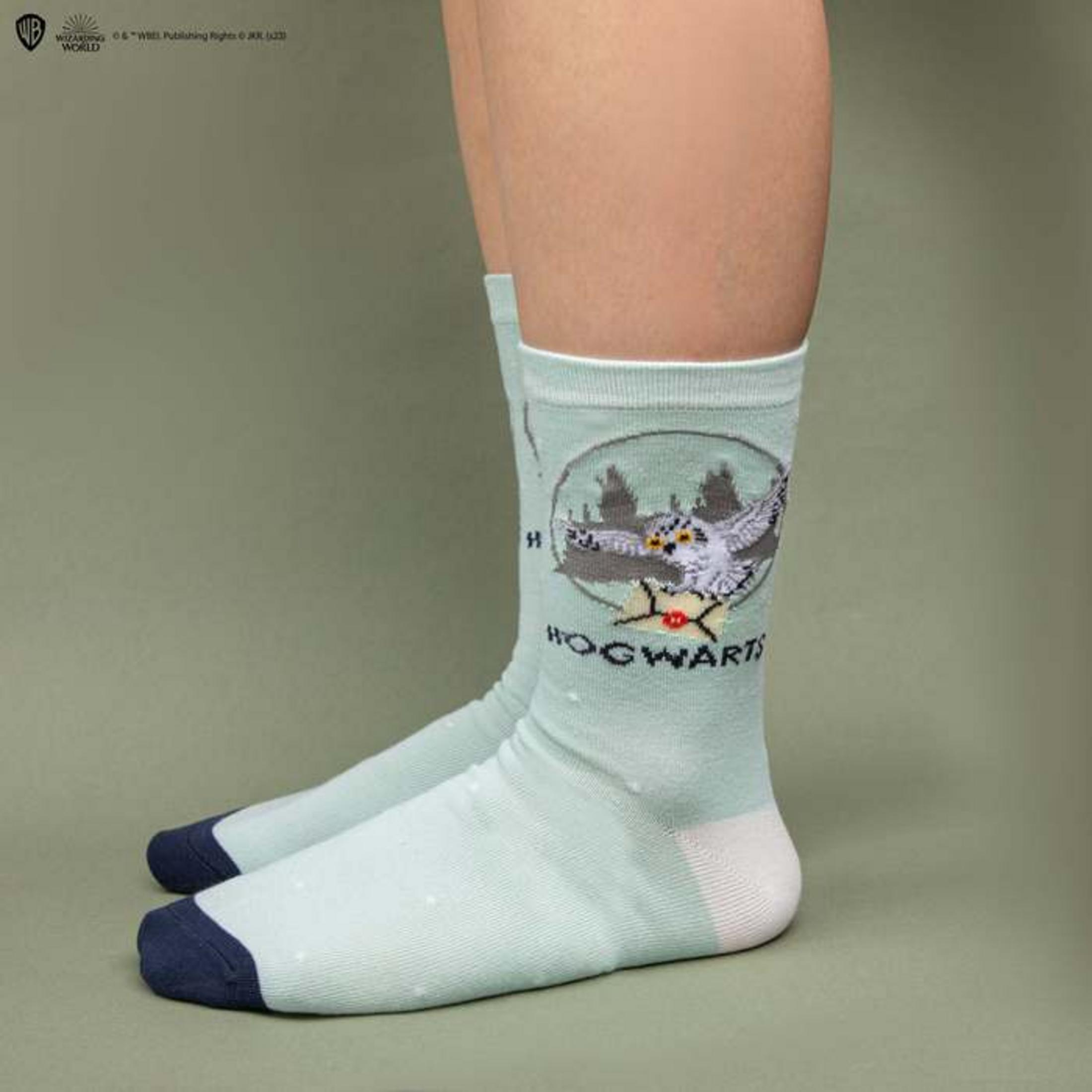 Hellblaue Socken mit Hogwarts-Aufdruck: eine Eule fliegt mit Brief.