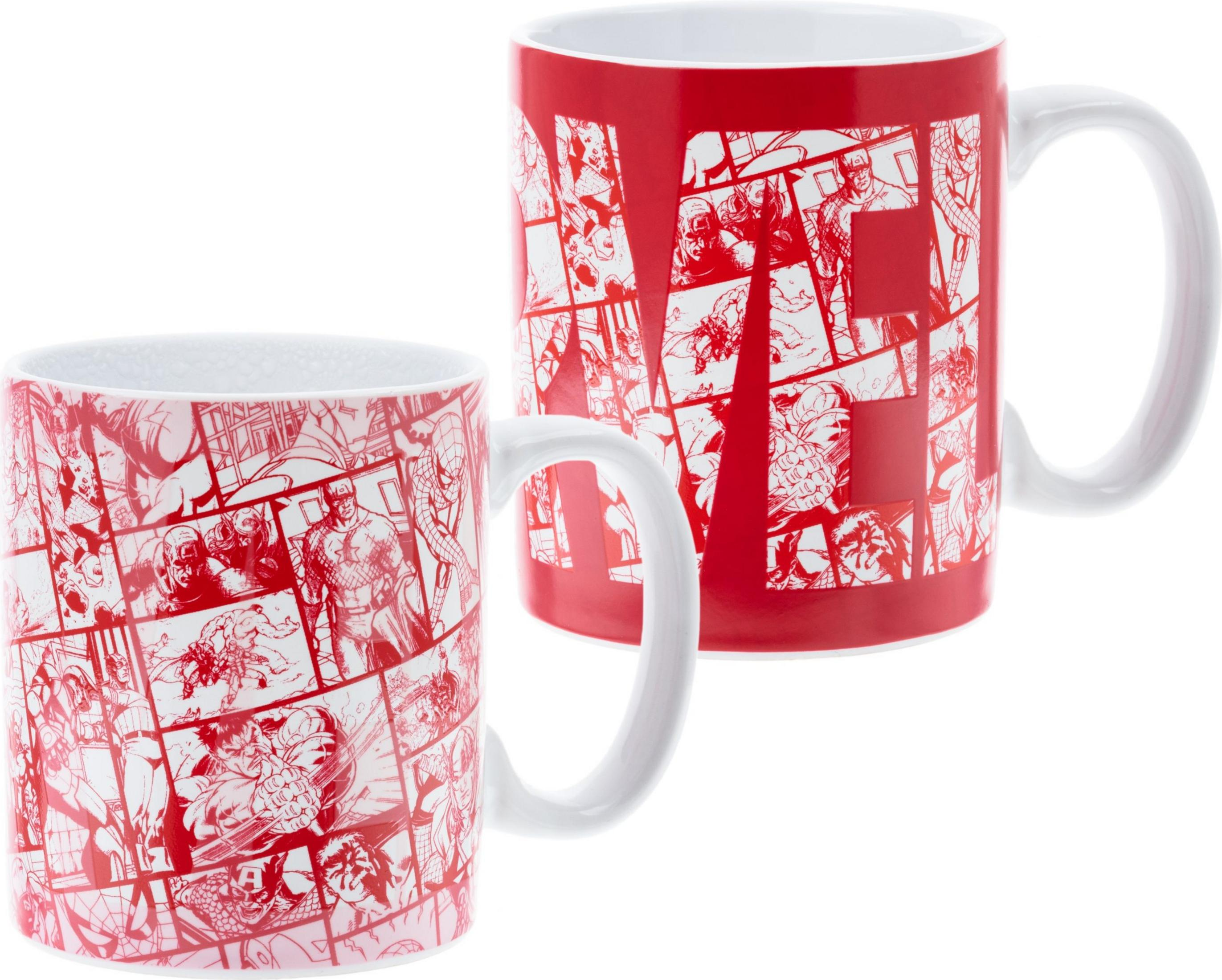 Rote Tasse mit Comic-Motiven von Marvel-Superhelden.