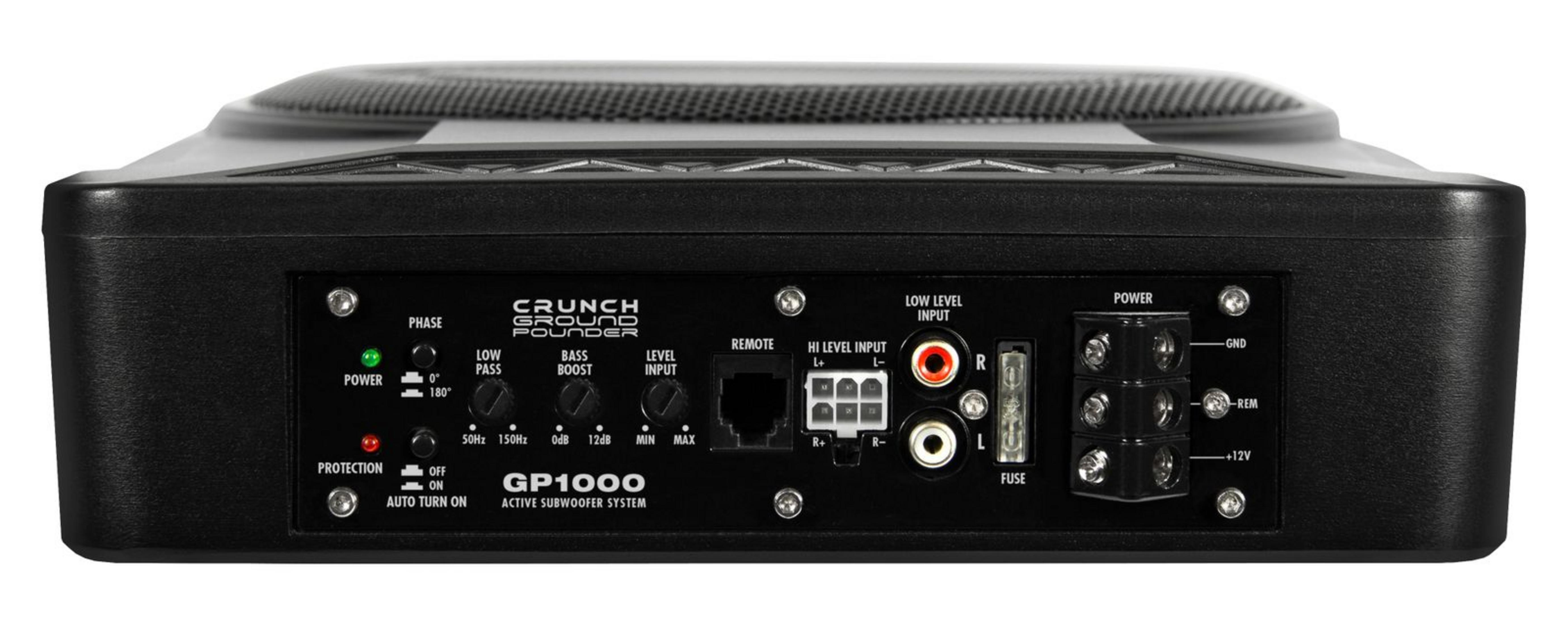 Aktiver Subwoofer mit Anschlüssen für Phase, Low Pass, Bass Boost, Level Input, Remote und Strom.