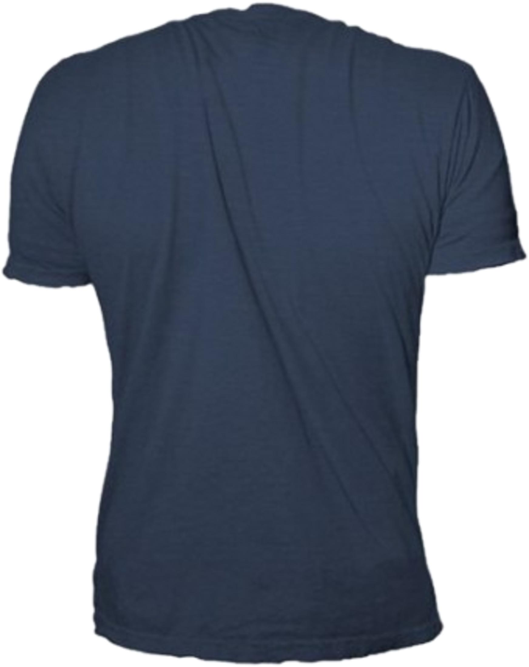 Dunkelblaues T-Shirt von hinten mit kurzen Ärmeln und Rundhalsausschnitt.
