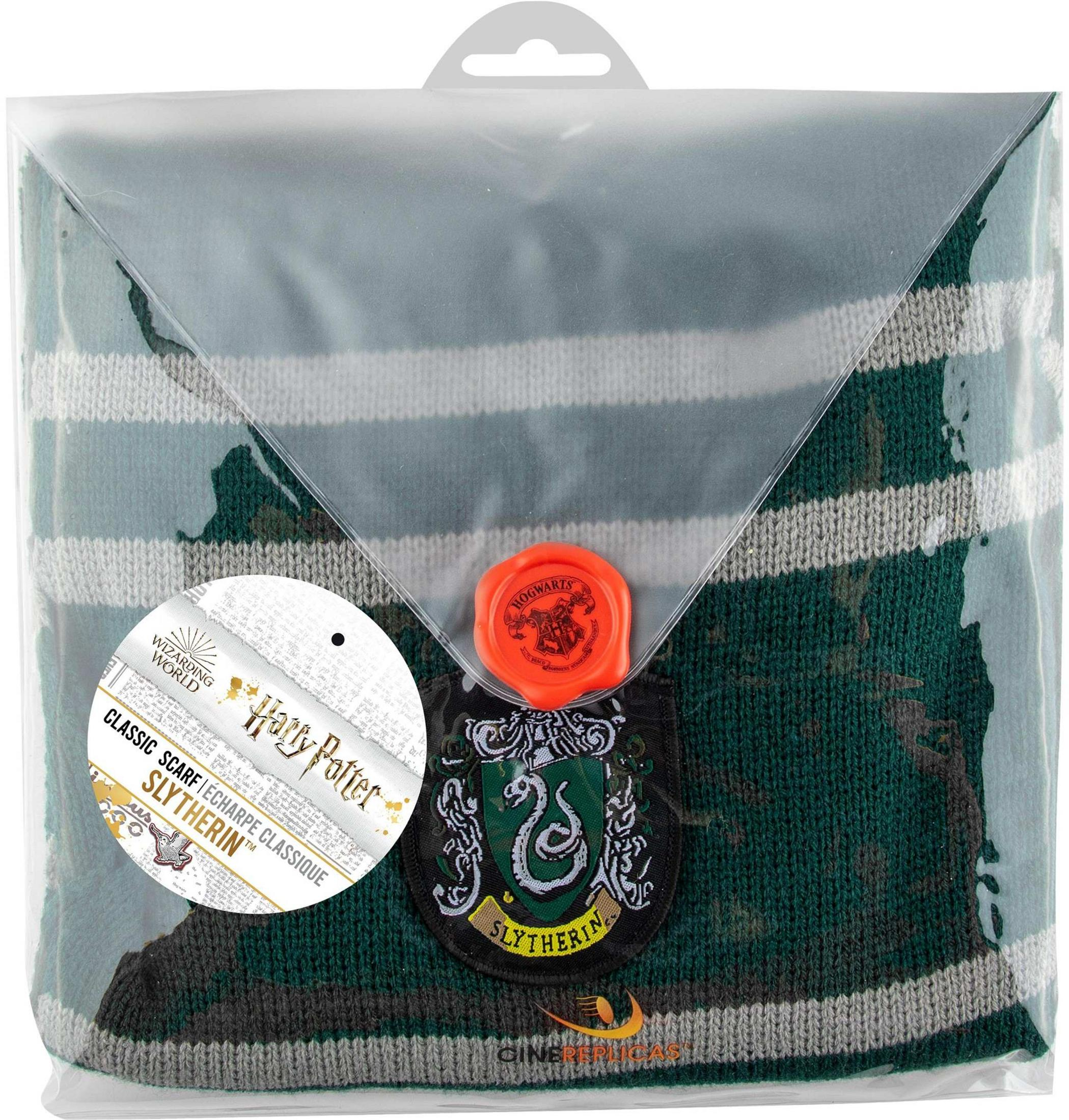 Grüner und grauer gestreifter Schal mit Slytherin-Wappen und Hogwarts-Siegel.