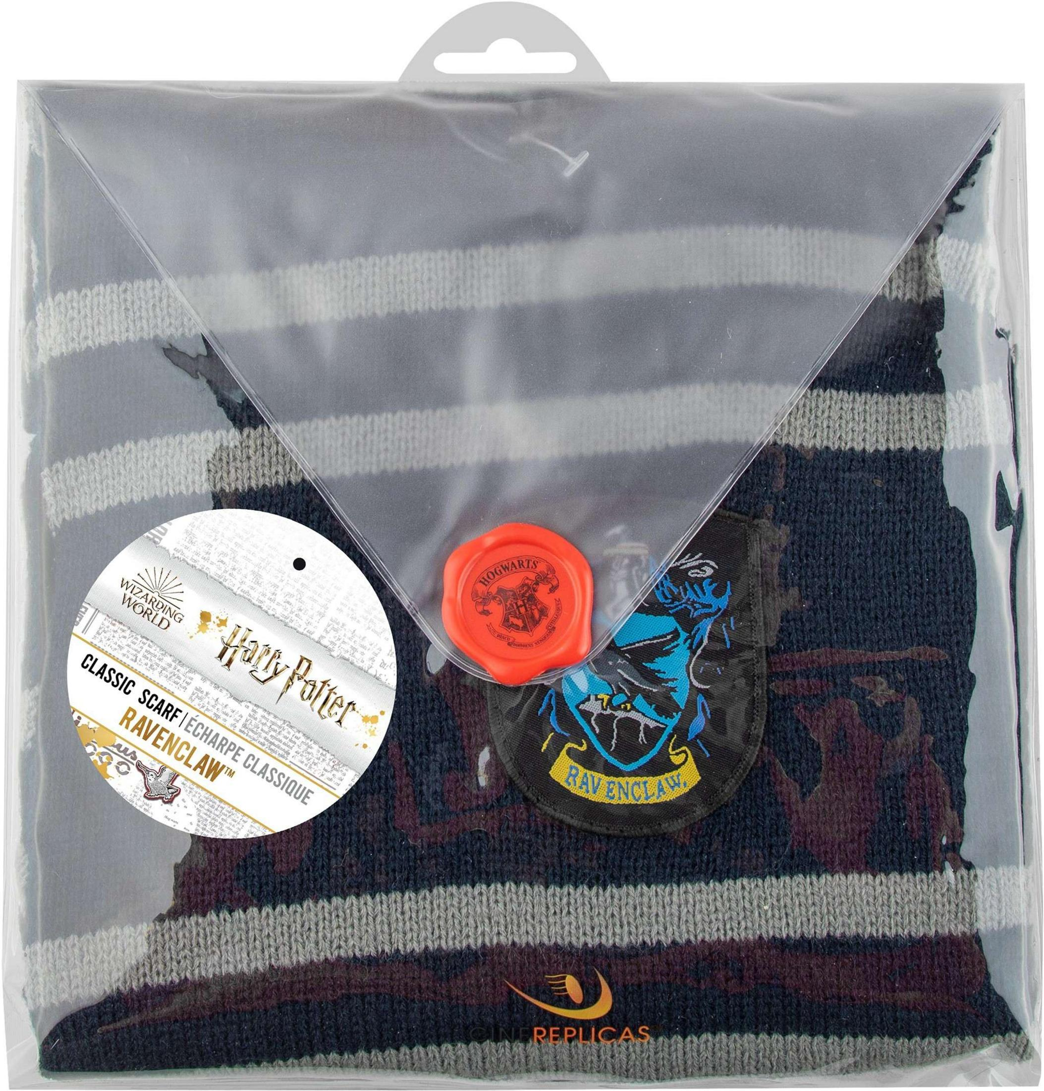Harry Potter Ravenclaw-Schal in einer Plastikverpackung mit Hogwarts-Siegel.