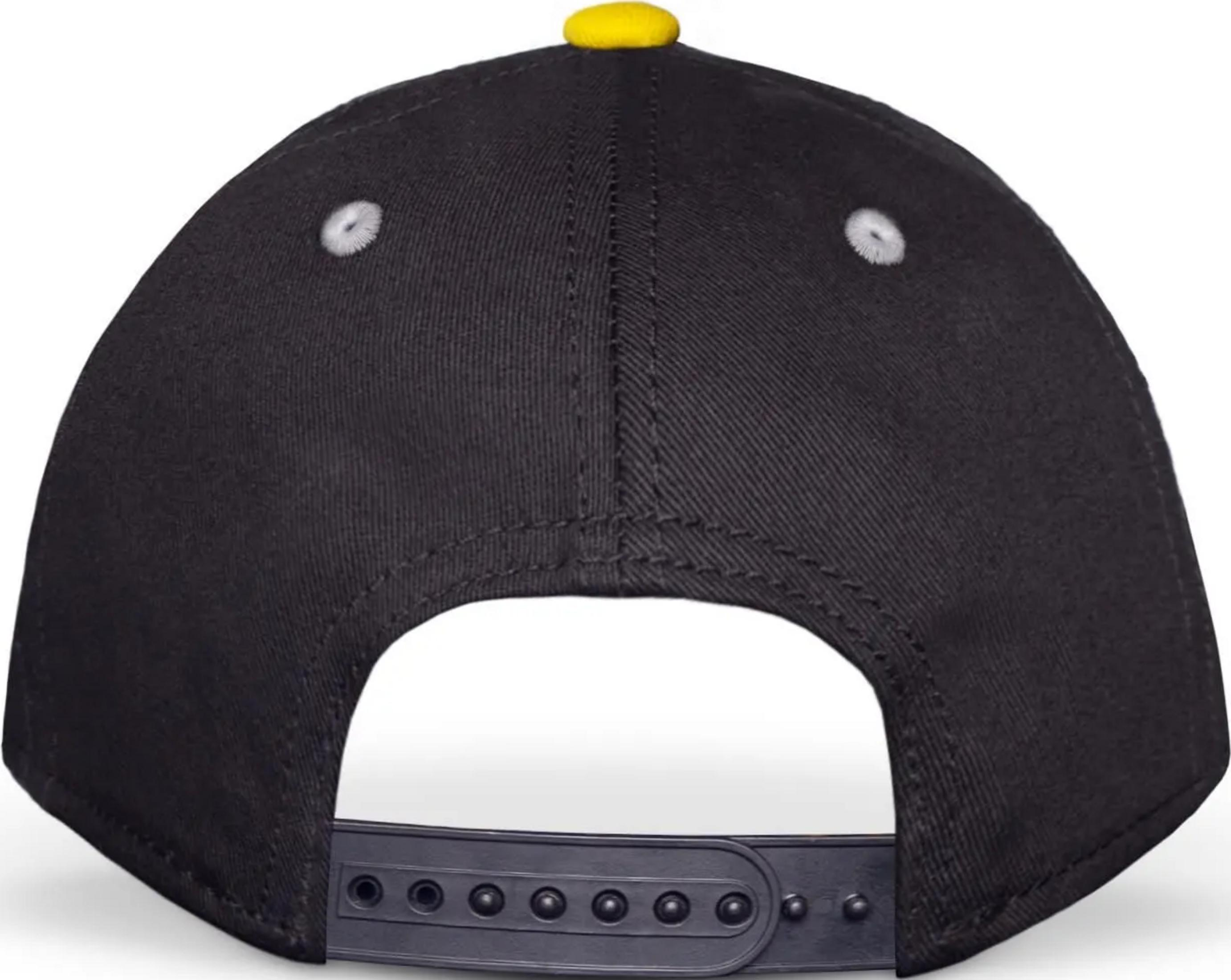 Casquette noire avec bouton jaune et sangle réglable à l'arrière.