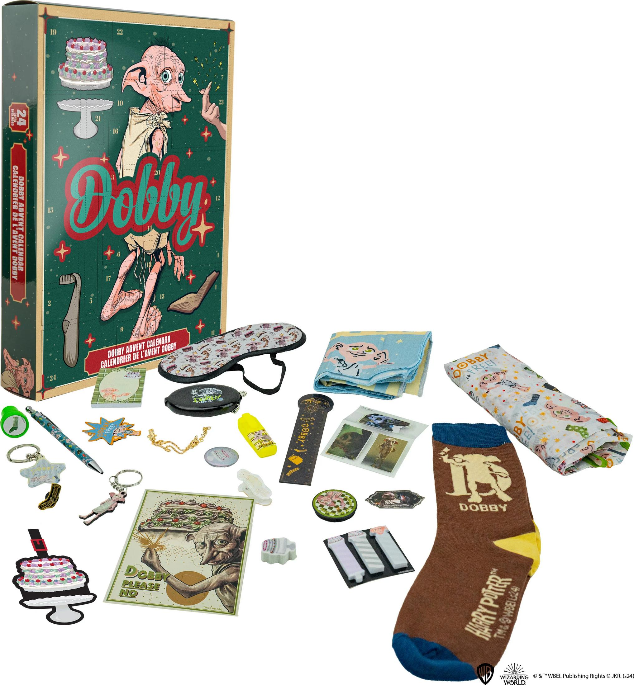 Calendario dell'avvento di Dobby con vari oggetti e accessori di Harry Potter.