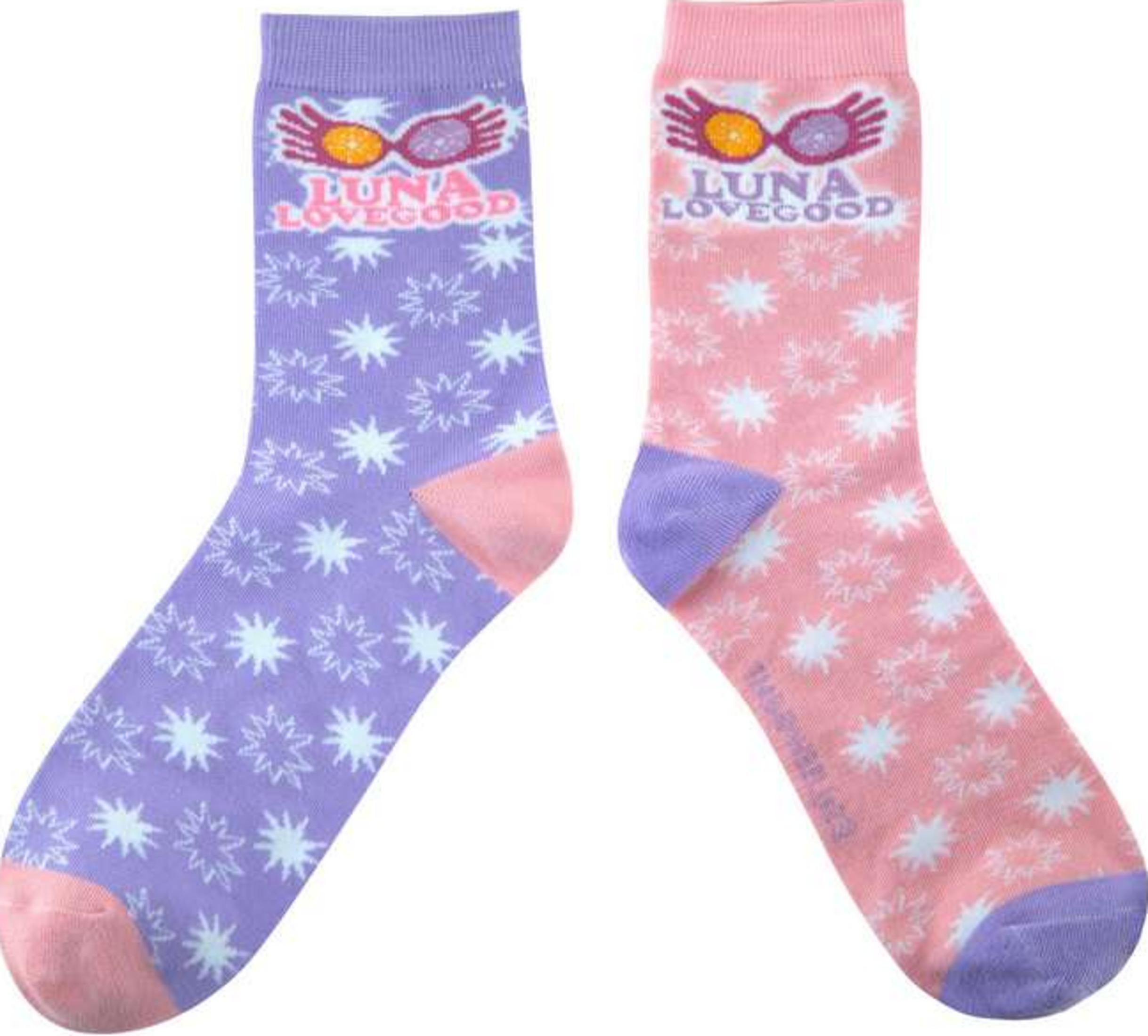 Dos calcetines con gafas de Luna Lovegood y estampado de estrellas.