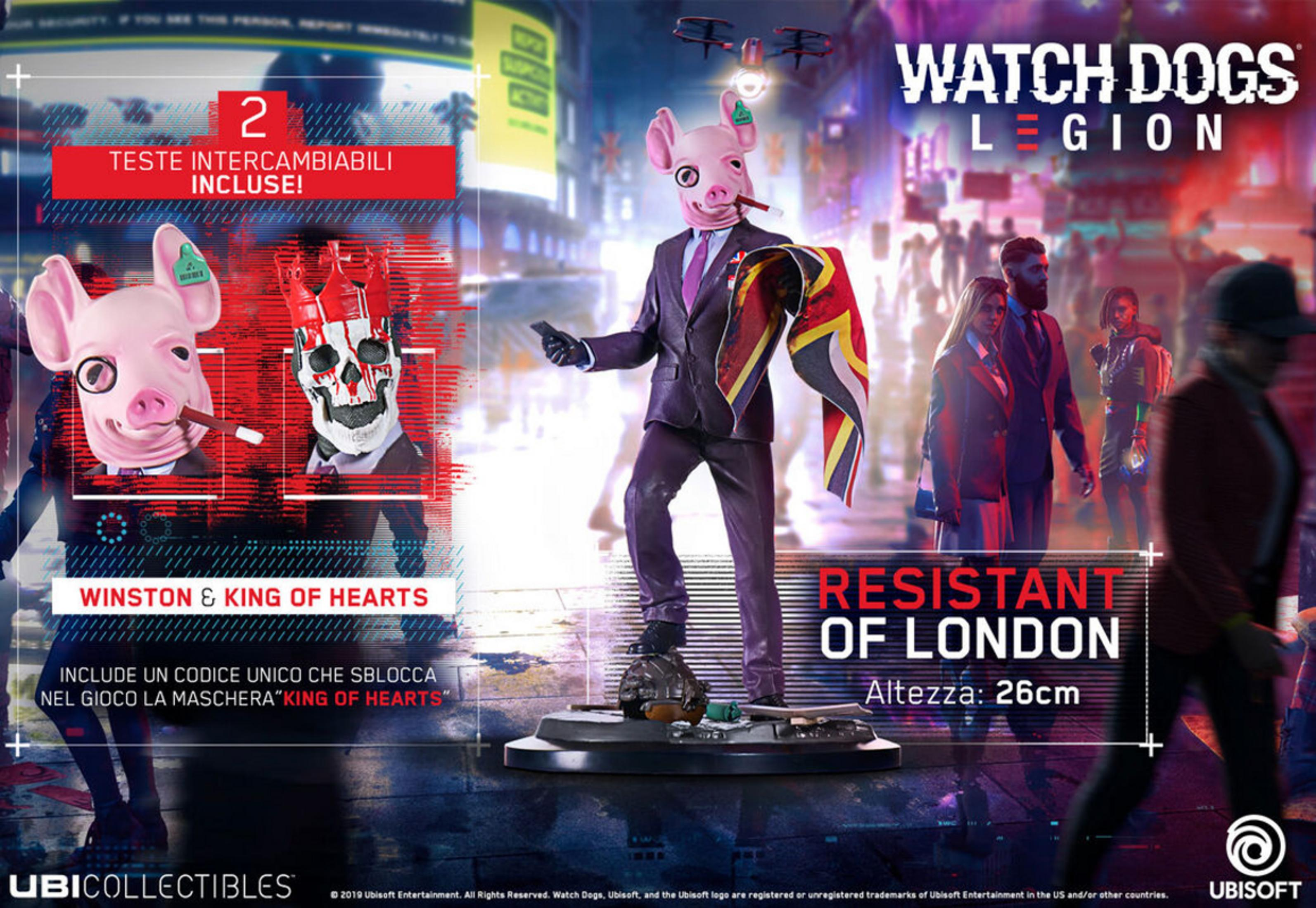 Figura de Watch Dogs Legion con máscara de cerdo, sosteniendo la bandera británica.