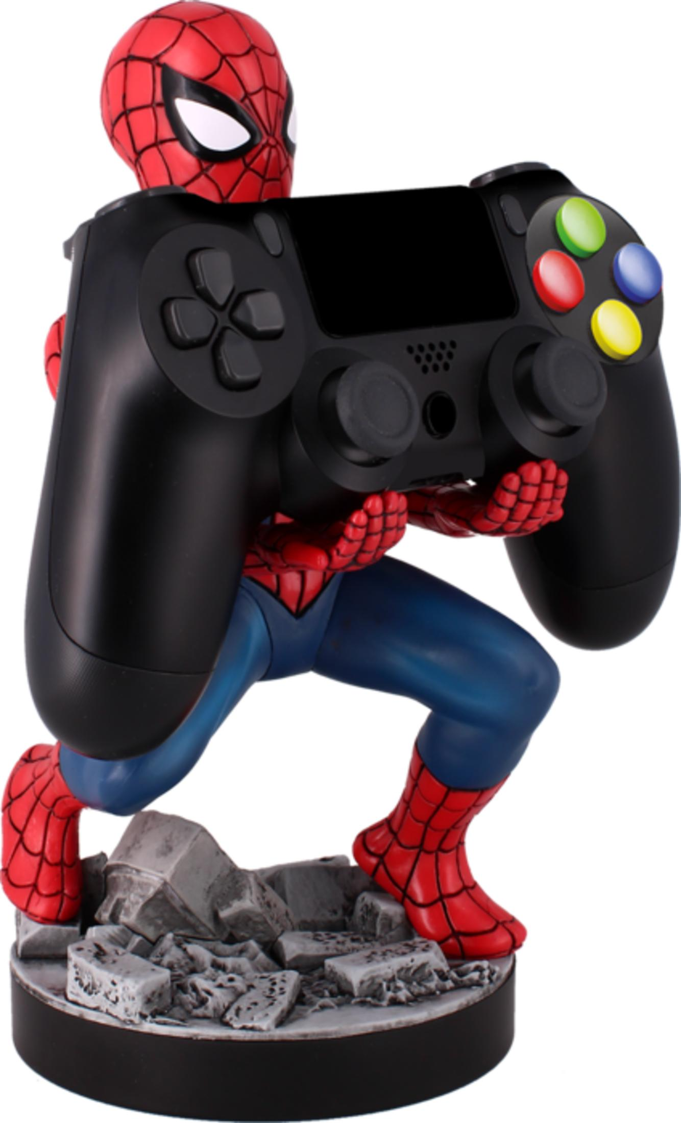 Statua di Spiderman che regge un controller PS4 nero su base di macerie.