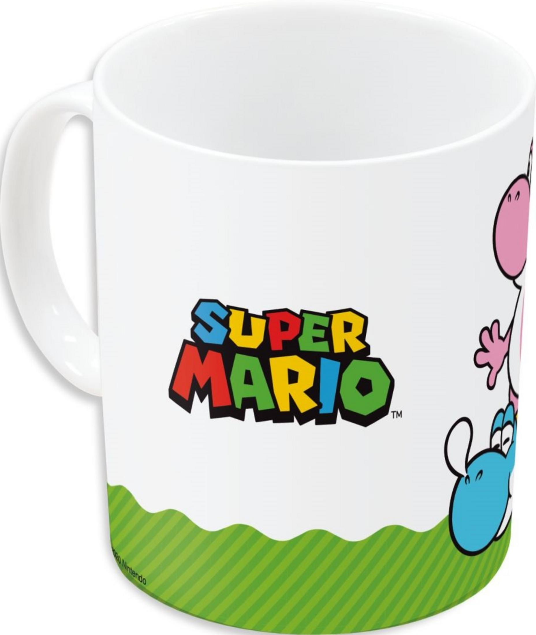 Weiße Tasse mit Super Mario-Logo und Yoshi-Figuren.
