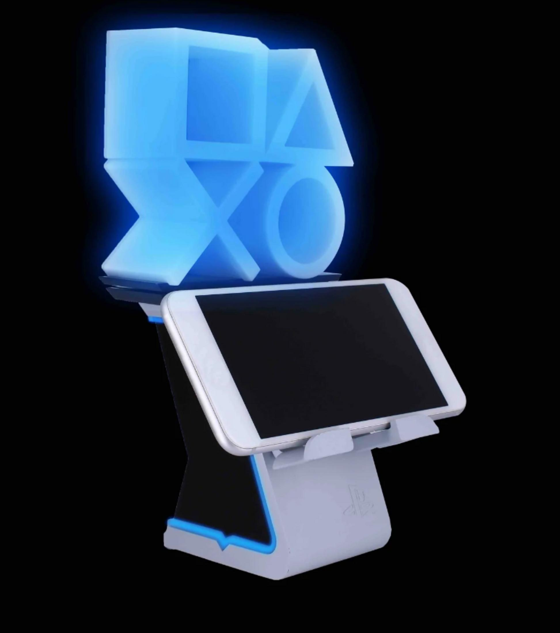 Supporto blu luminoso per controller PlayStation con smartphone.