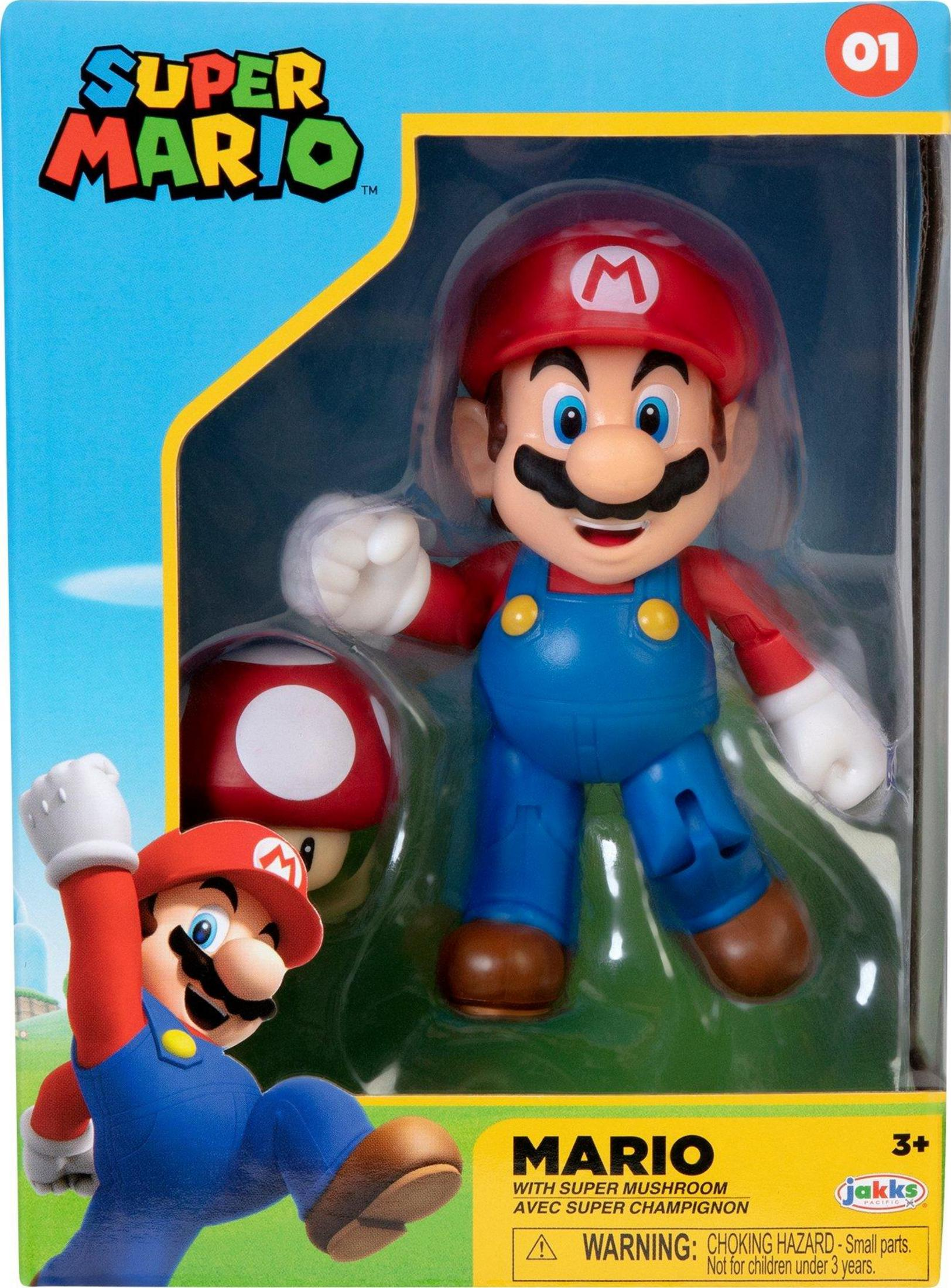 Figura de acción de Mario con Super Champiñón en caja. Logotipo Super Mario arriba.